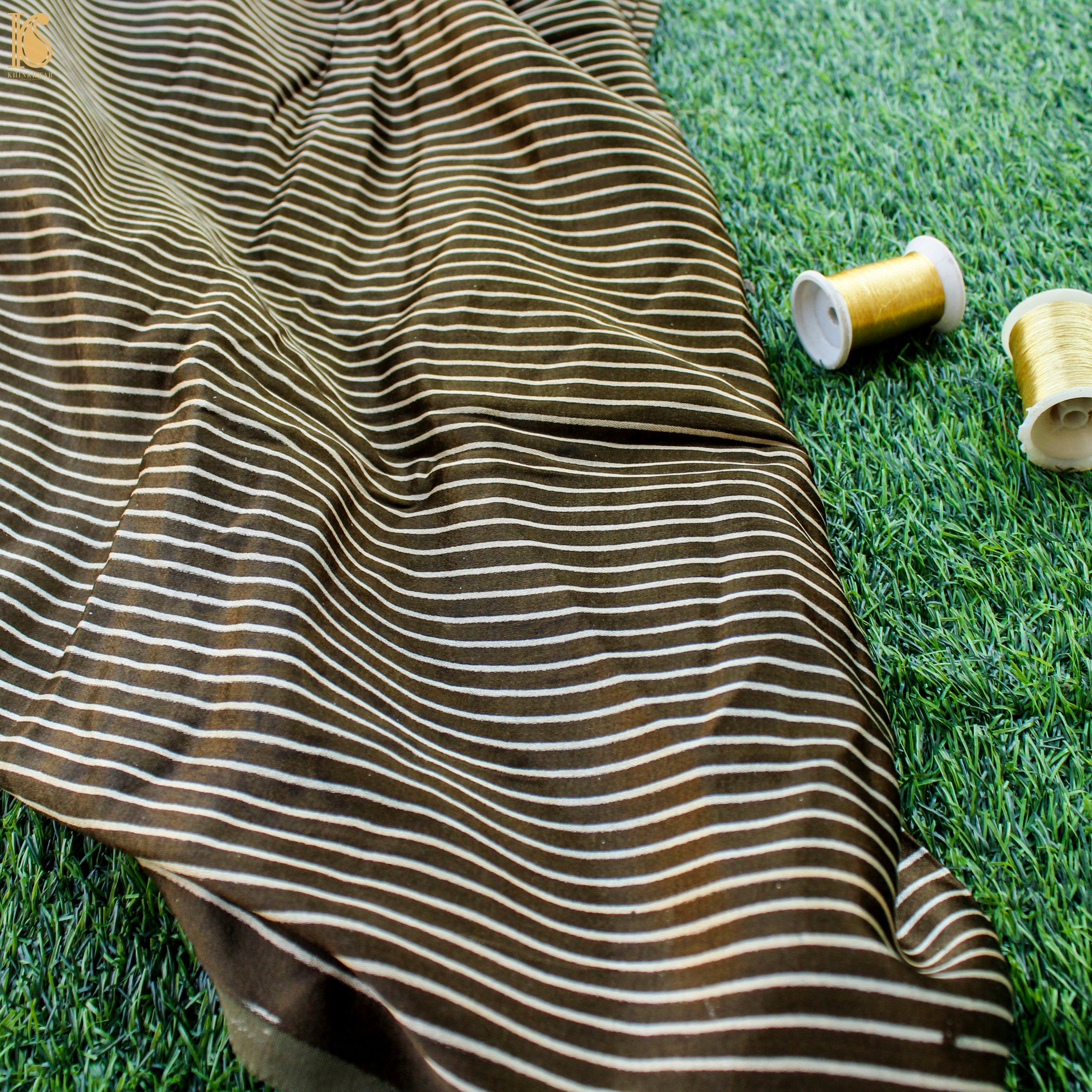 Brown Pure Mashru Silk Hand Block Stripes Ajrakh Fabric - Khinkhwab