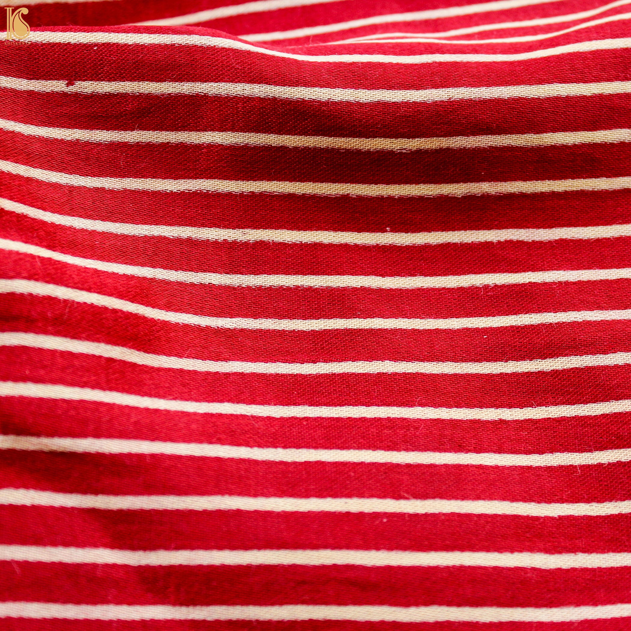 Cardinal Red Pure Mashru Silk Hand Block Stripes Ajrakh Fabric - Khinkhwab