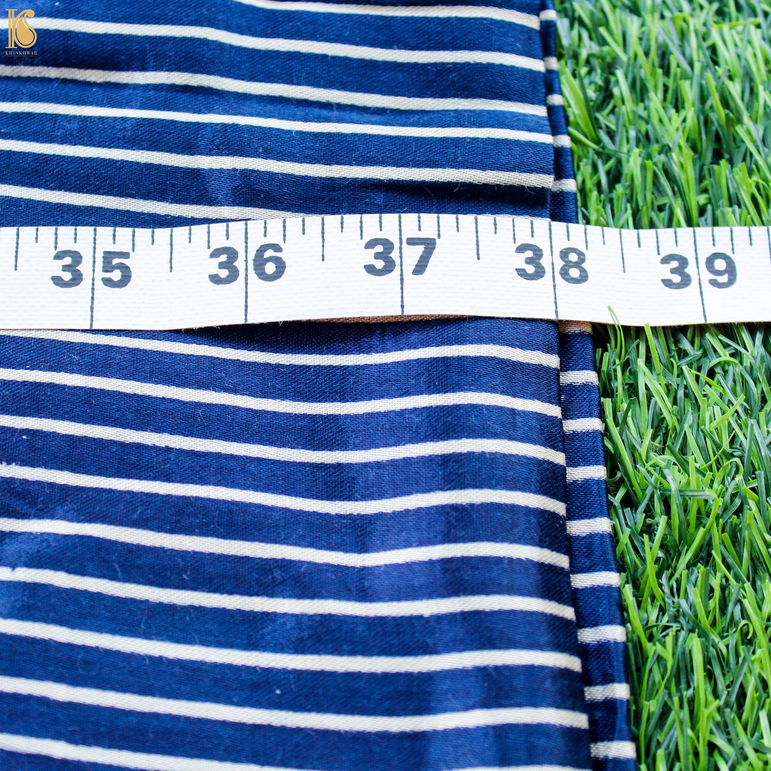 Cerulean Blue Pure Mashru Silk Hand Block Stripes Ajrakh Fabric - Khinkhwab