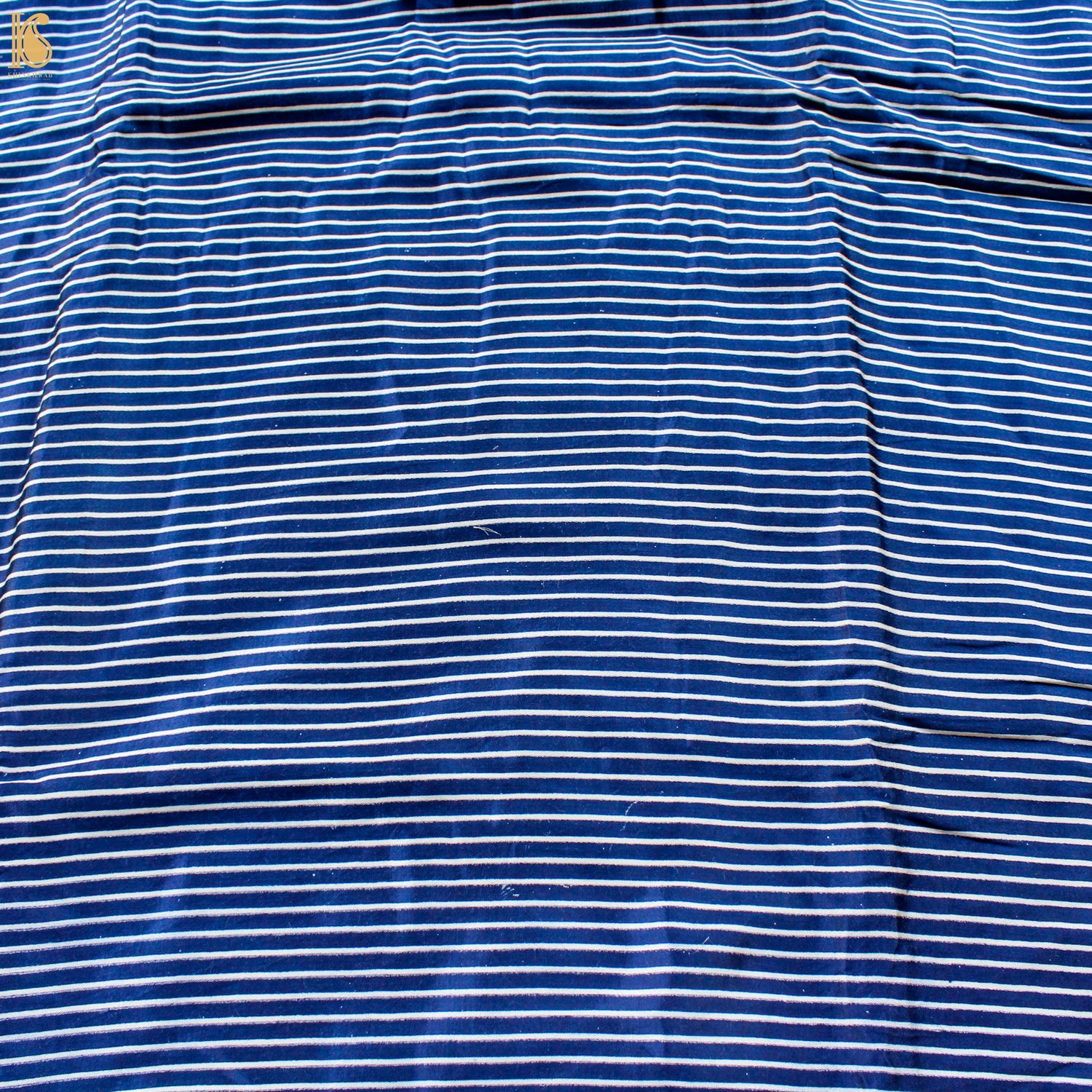 Cerulean Blue Pure Mashru Silk Hand Block Stripes Ajrakh Fabric - Khinkhwab