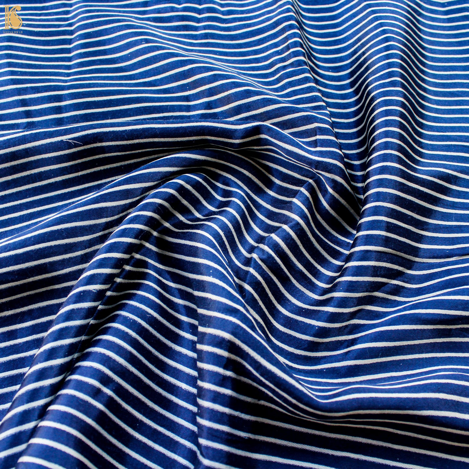 Cerulean Blue Pure Mashru Silk Hand Block Stripes Ajrakh Fabric - Khinkhwab