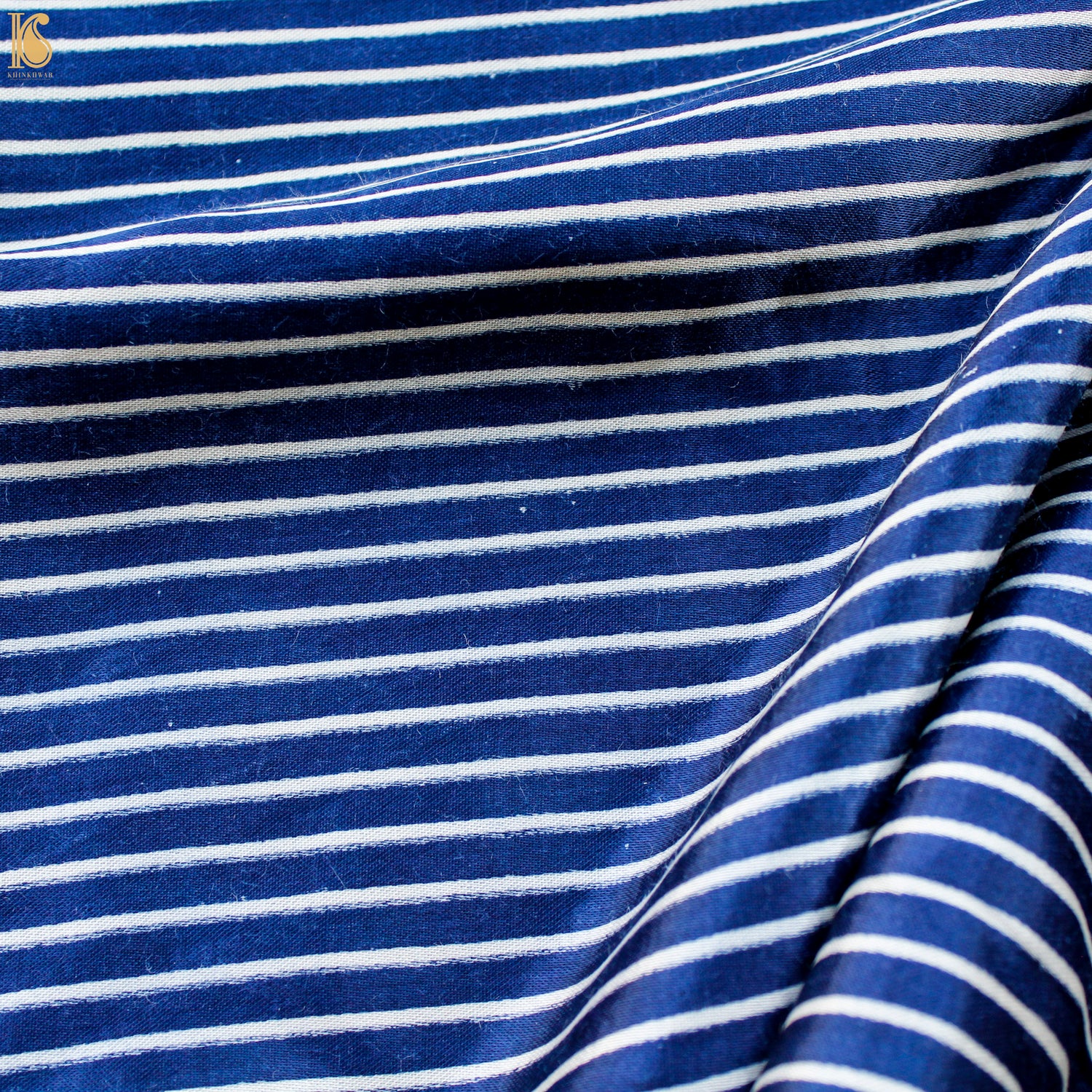 Cerulean Blue Pure Mashru Silk Hand Block Stripes Ajrakh Fabric - Khinkhwab