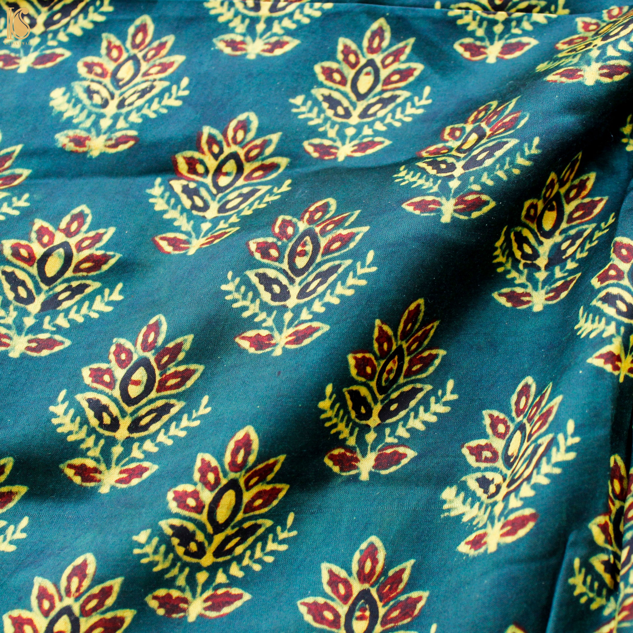Teal Hand Block Ajrakh Modal Silk Fabric - Khinkhwab