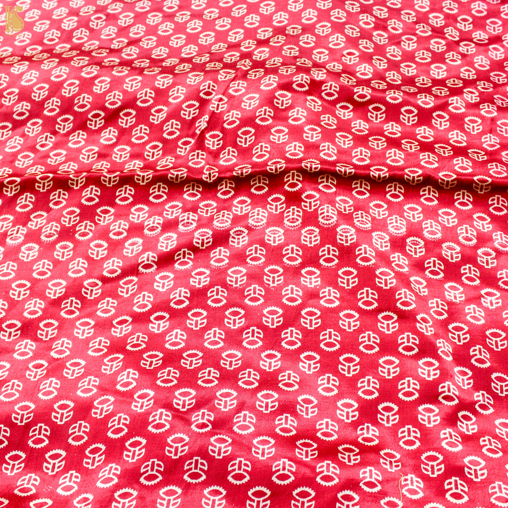 Crimson Red Pure Mashru Silk Hand Block Ajrakh Fabric - Khinkhwab