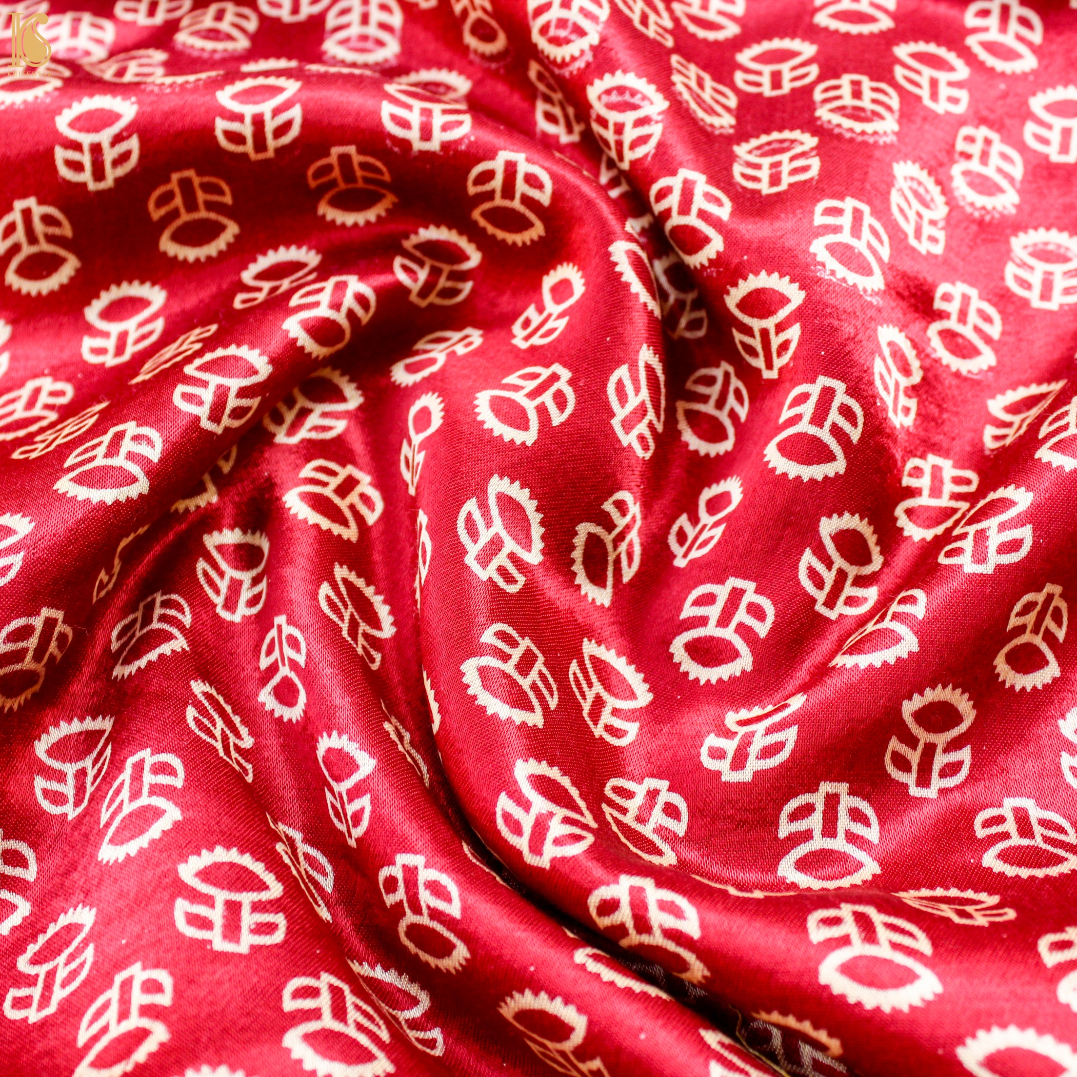 Crimson Red Pure Mashru Silk Hand Block Ajrakh Fabric - Khinkhwab
