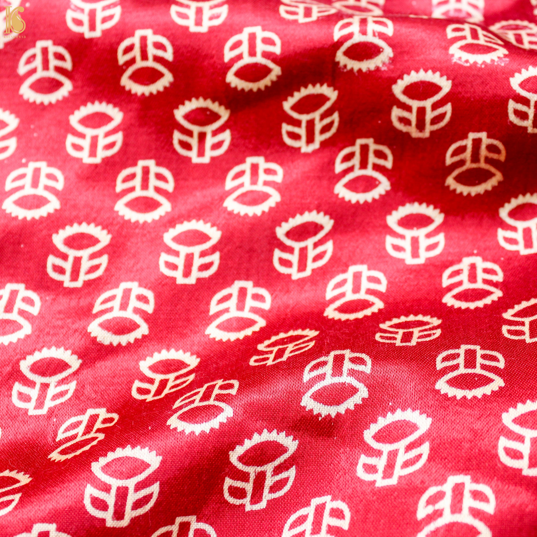 Crimson Red Pure Mashru Silk Hand Block Ajrakh Fabric - Khinkhwab