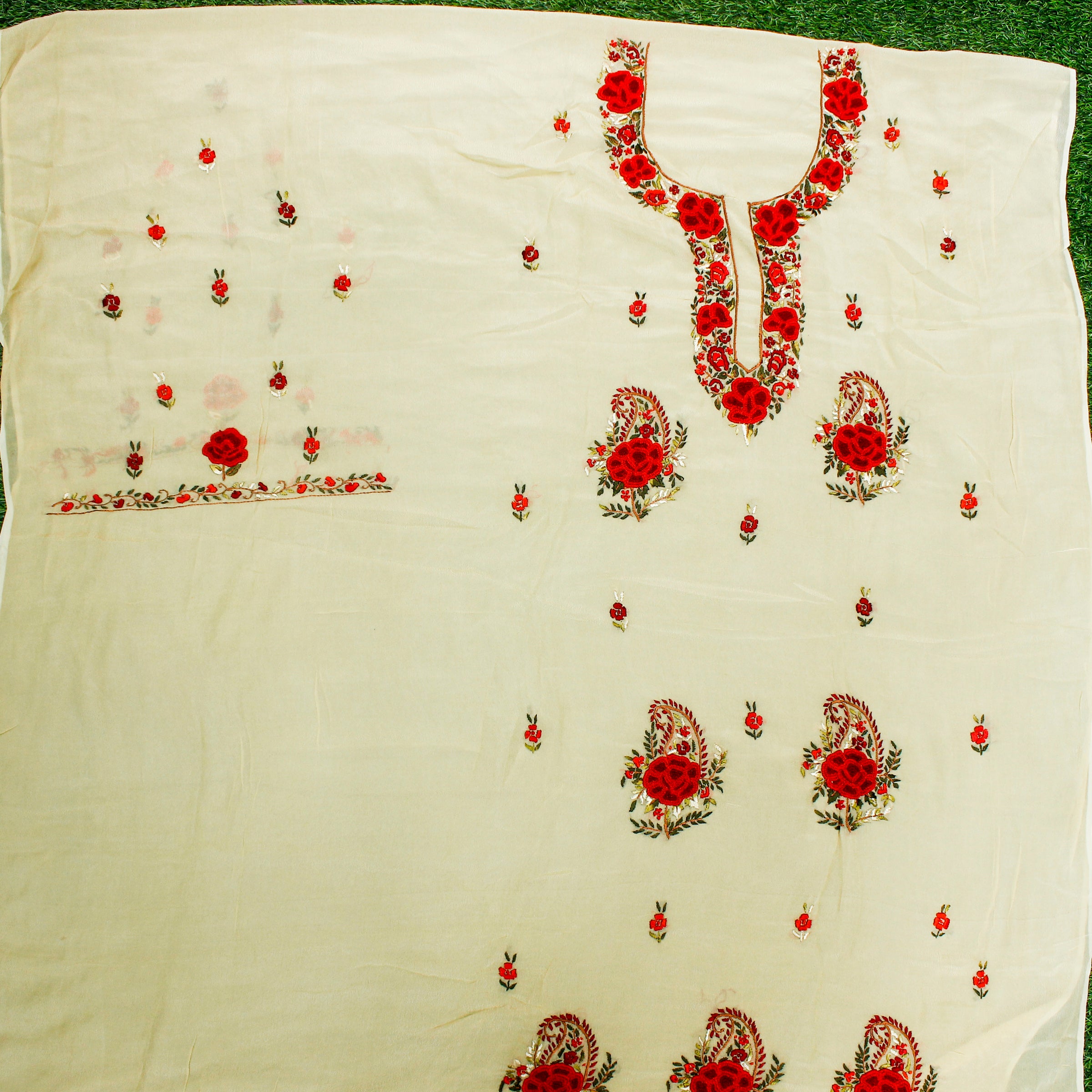 Coconut Cream Handcrafted Parsi Gara Viscose Georgette Rose Kurta Fabric - Khinkhwab