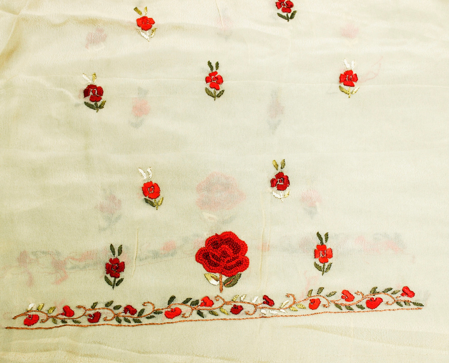 Coconut Cream Handcrafted Parsi Gara Viscose Georgette Rose Kurta Fabric - Khinkhwab