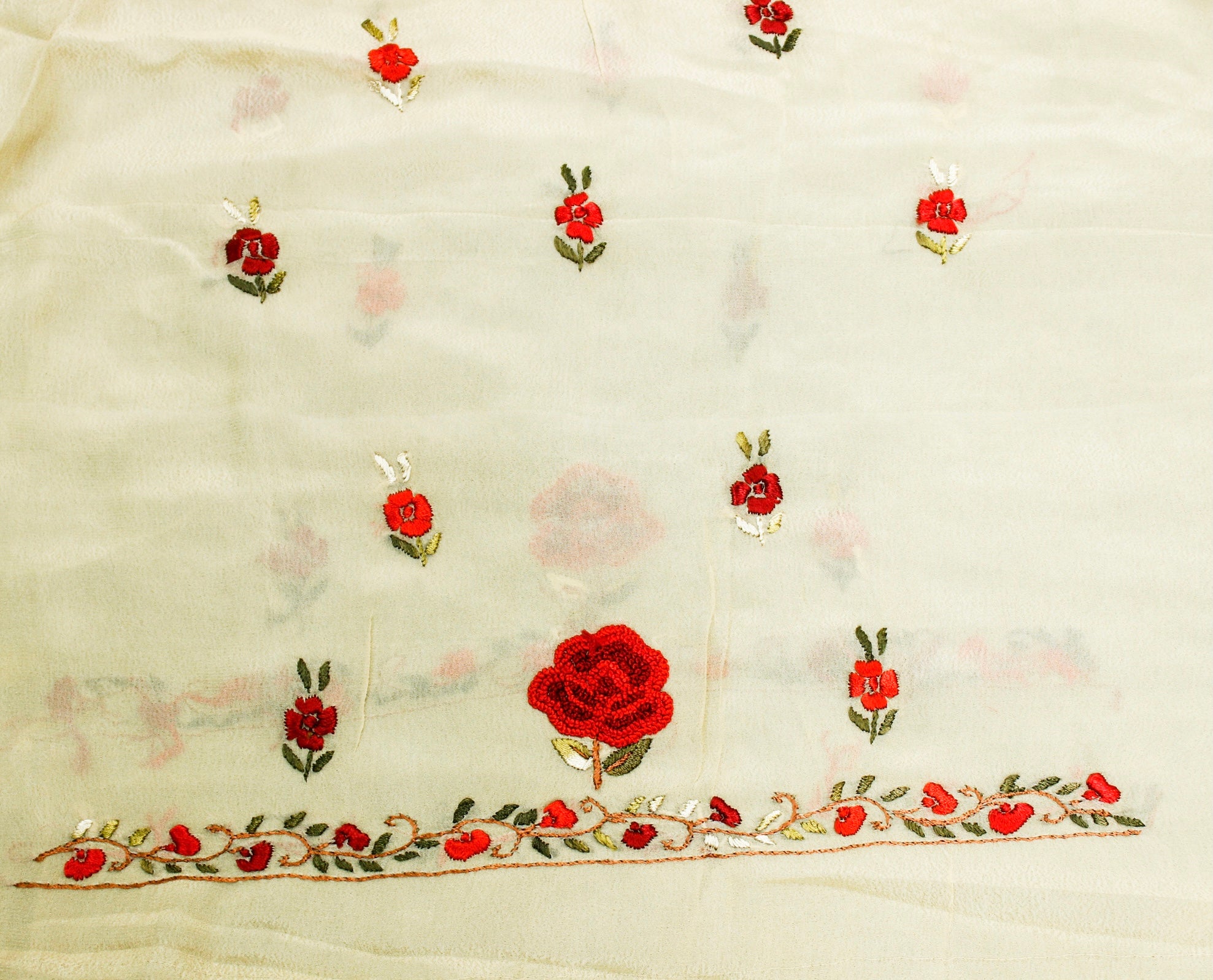 Coconut Cream Handcrafted Parsi Gara Viscose Georgette Rose Kurta Fabric - Khinkhwab