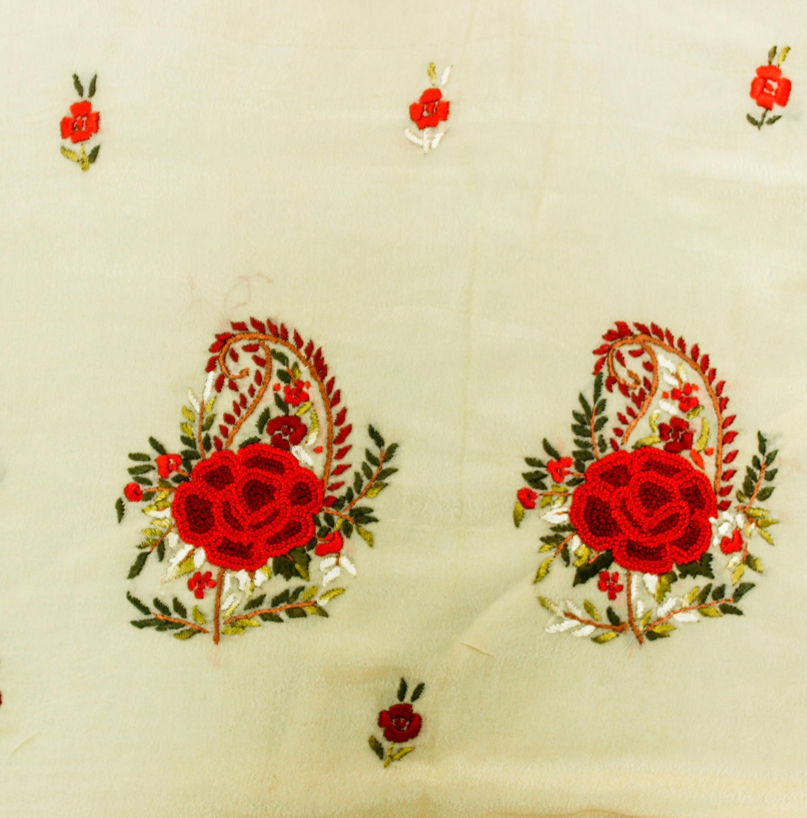 Coconut Cream Handcrafted Parsi Gara Viscose Georgette Rose Kurta Fabric - Khinkhwab