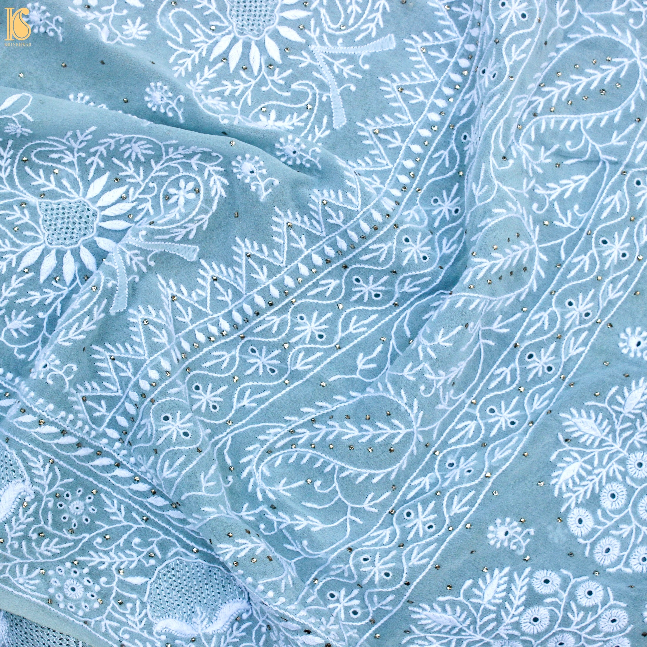 Baby Blue Chikankari Pure Georgette Saree - Khinkhwab