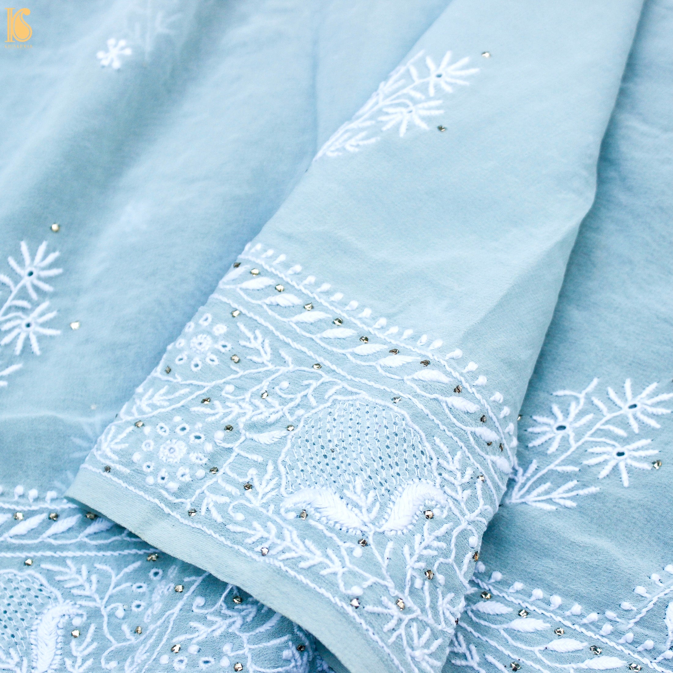 Baby Blue Chikankari Pure Georgette Saree - Khinkhwab