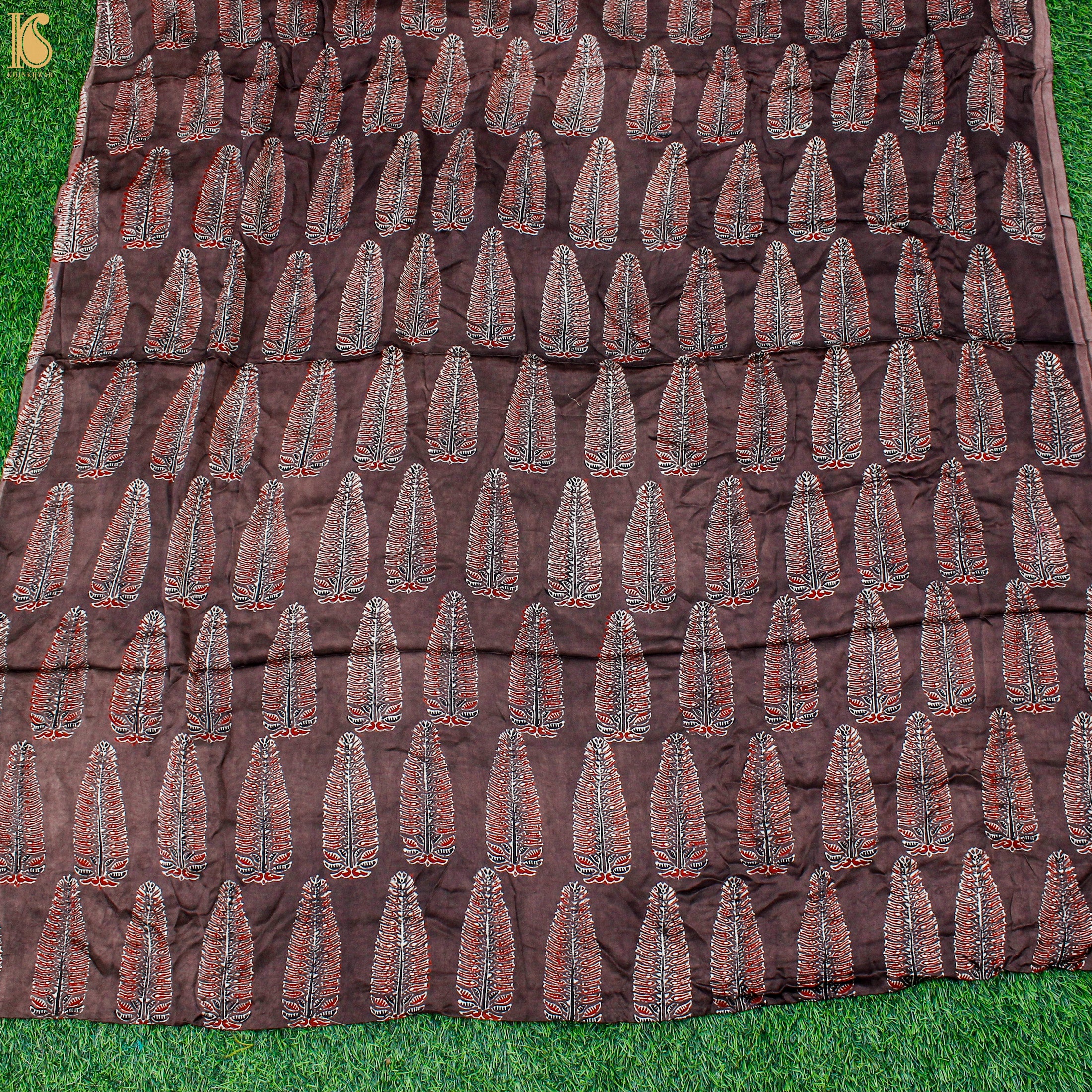 Brown Hand Block Ajrakh Modal Silk Fabric - Khinkhwab