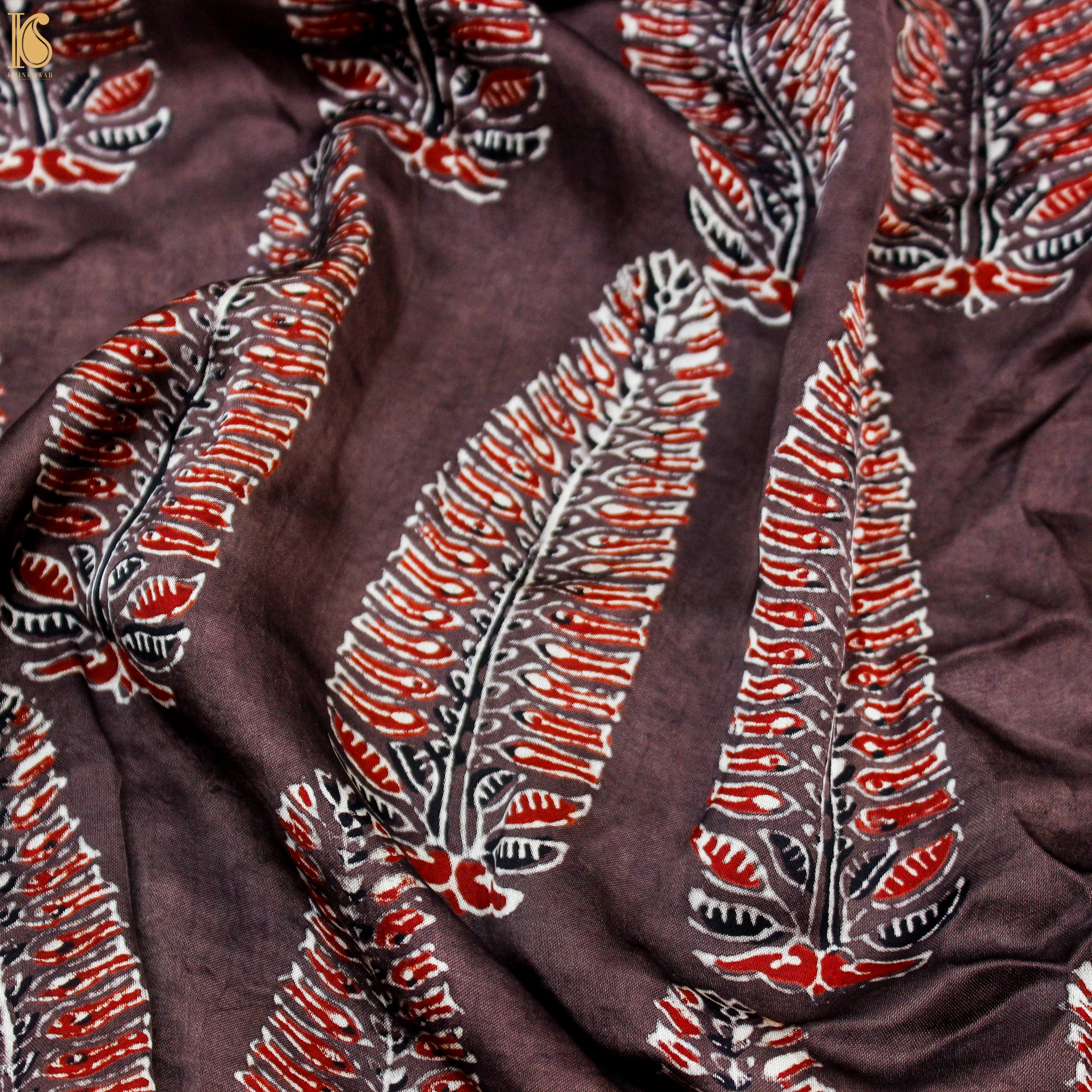 Brown Hand Block Ajrakh Modal Silk Fabric - Khinkhwab