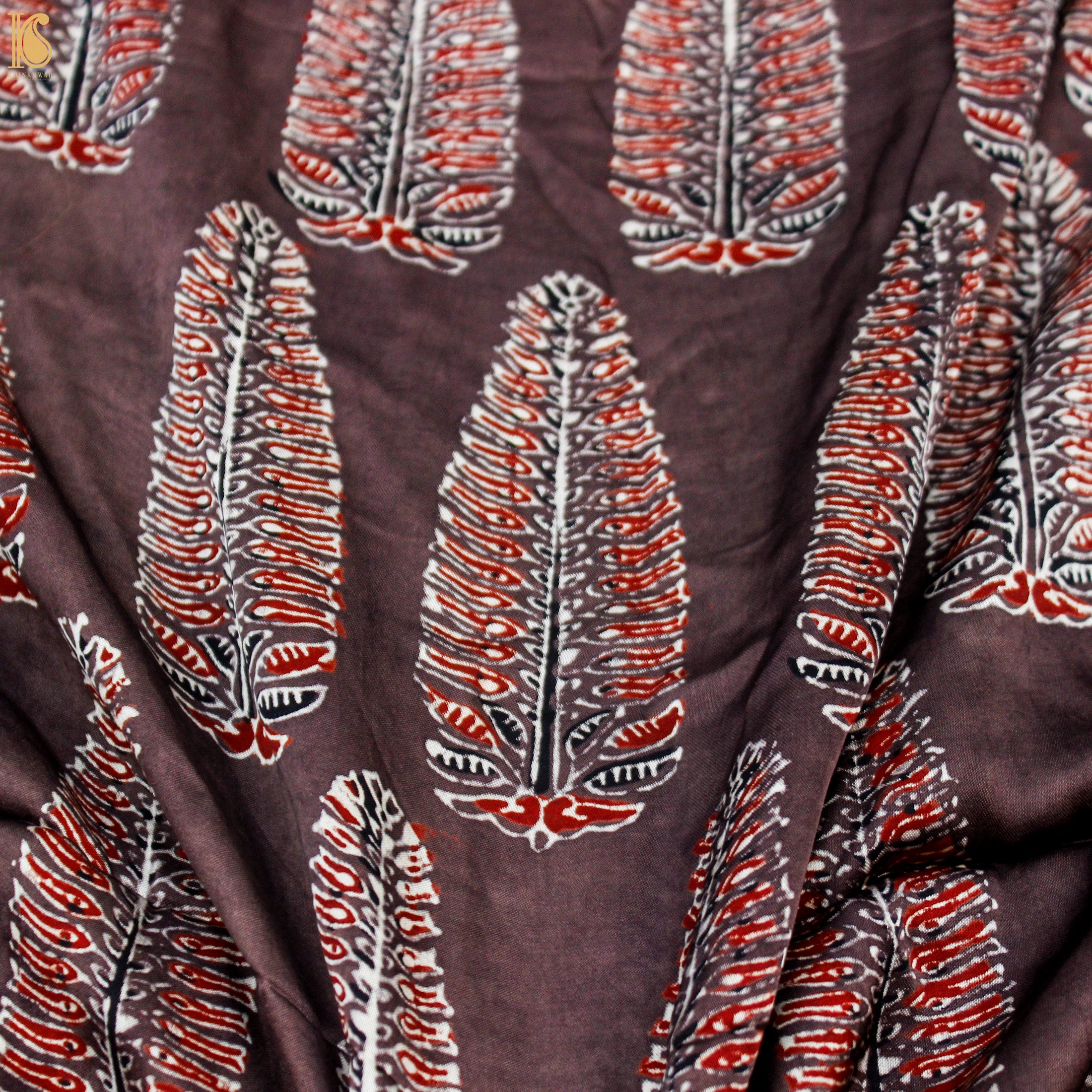 Brown Hand Block Ajrakh Modal Silk Fabric - Khinkhwab