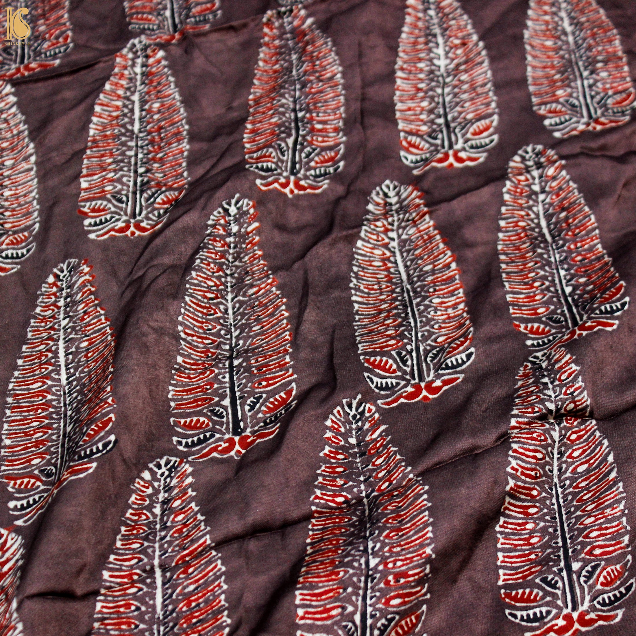 Brown Hand Block Ajrakh Modal Silk Fabric - Khinkhwab