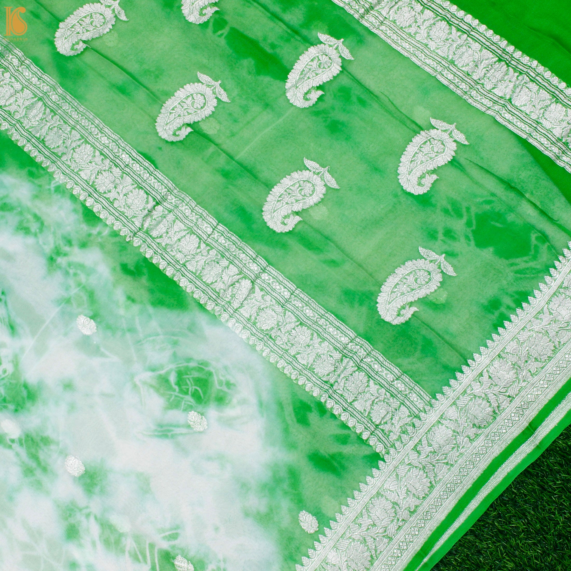 Green Pure Georgette Handloom Banarasi Shibori Saree - Khinkhwab