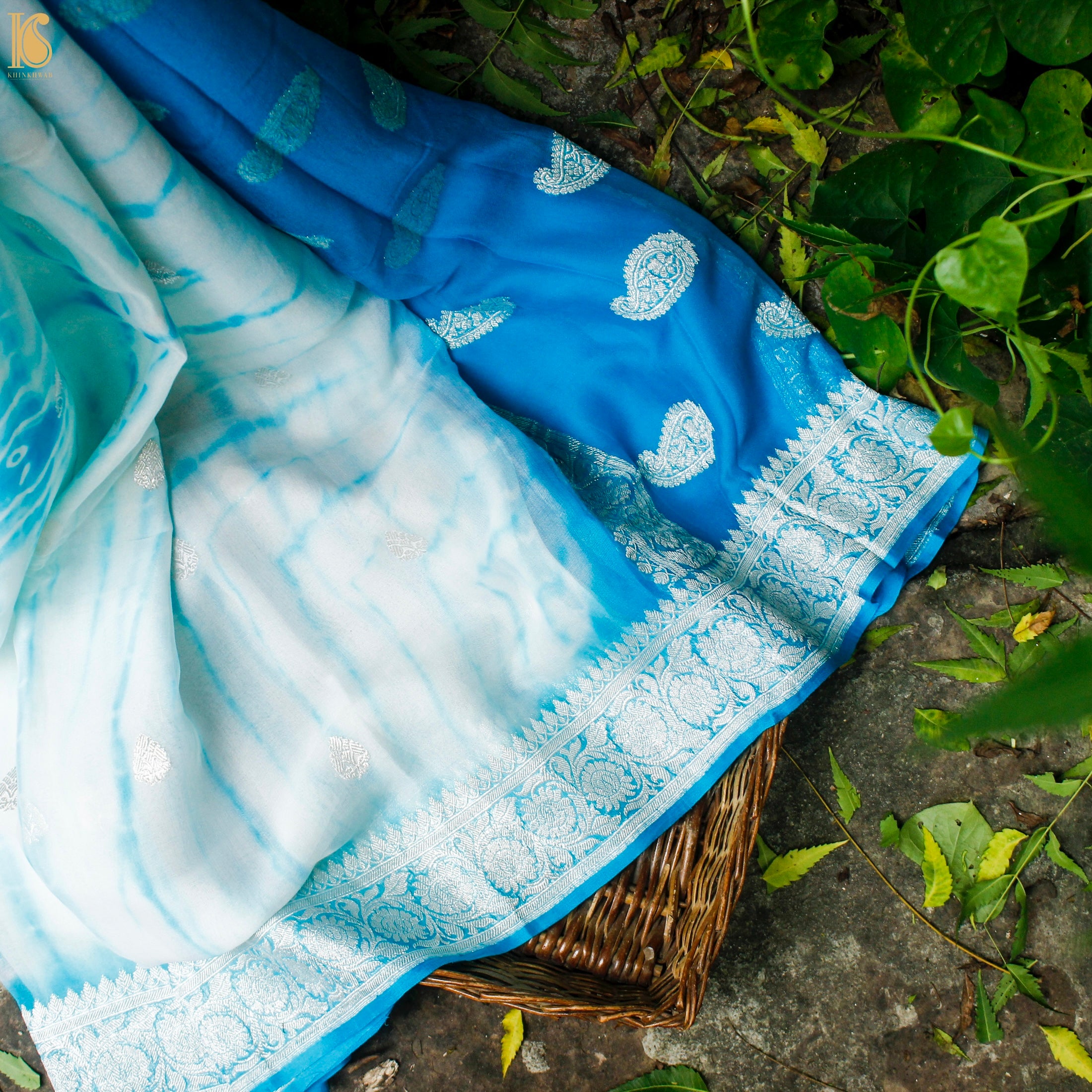 Pacific Blue Pure Georgette Handloom Banarasi Shibori Saree - Khinkhwab
