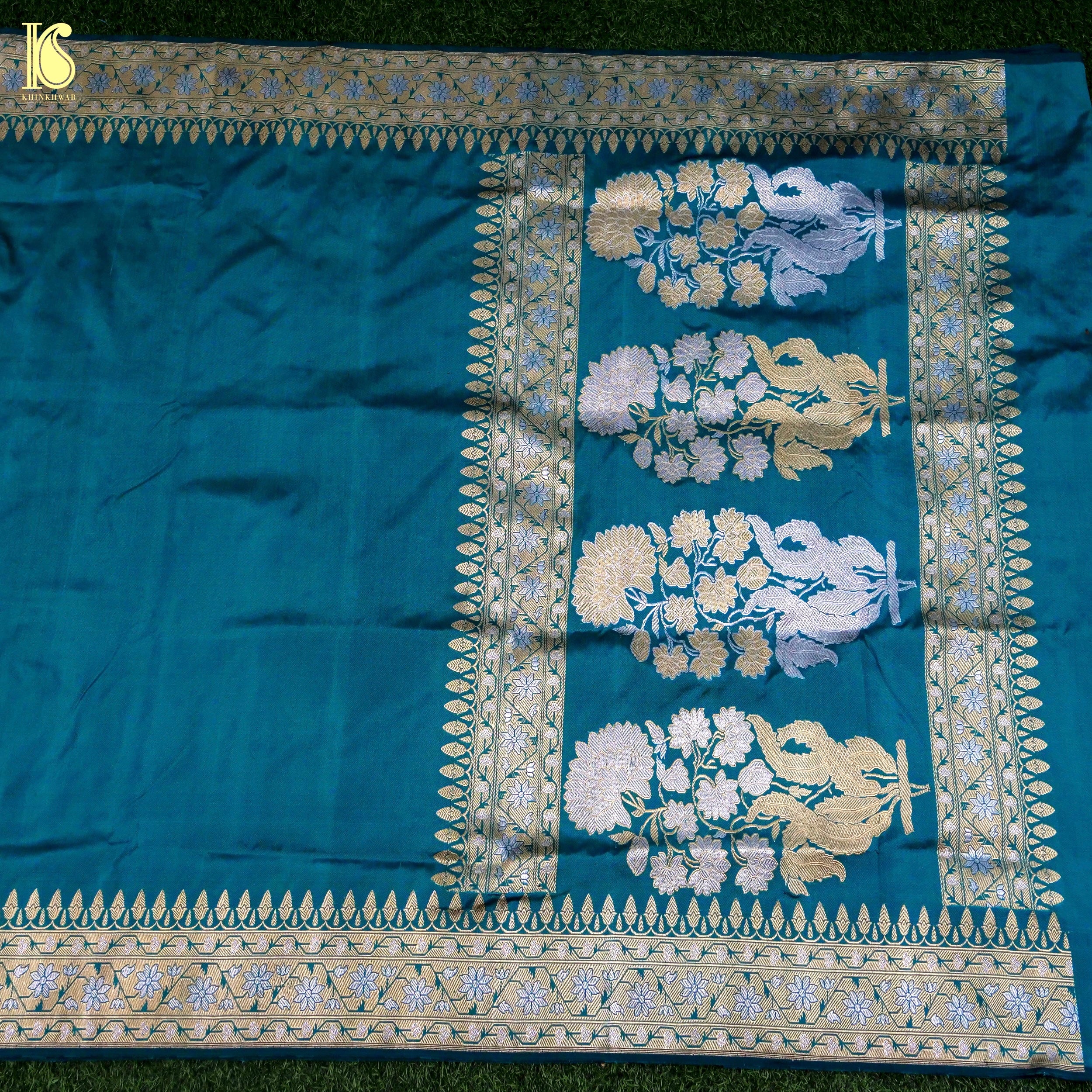 Kumudini - Allports Blue Handloom Katan Silk Banarasi Kadwa Ektara Saree - Khinkhwab