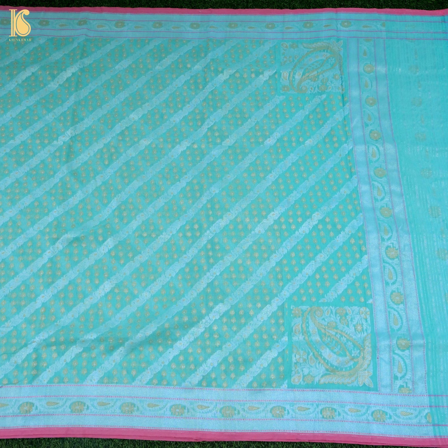 Fountain Blue Pure Cotton Handloom Banarasi Jamdani Ektara Saree - Khinkhwab