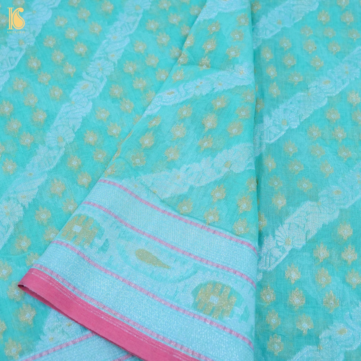 Fountain Blue Pure Cotton Handloom Banarasi Jamdani Ektara Saree - Khinkhwab
