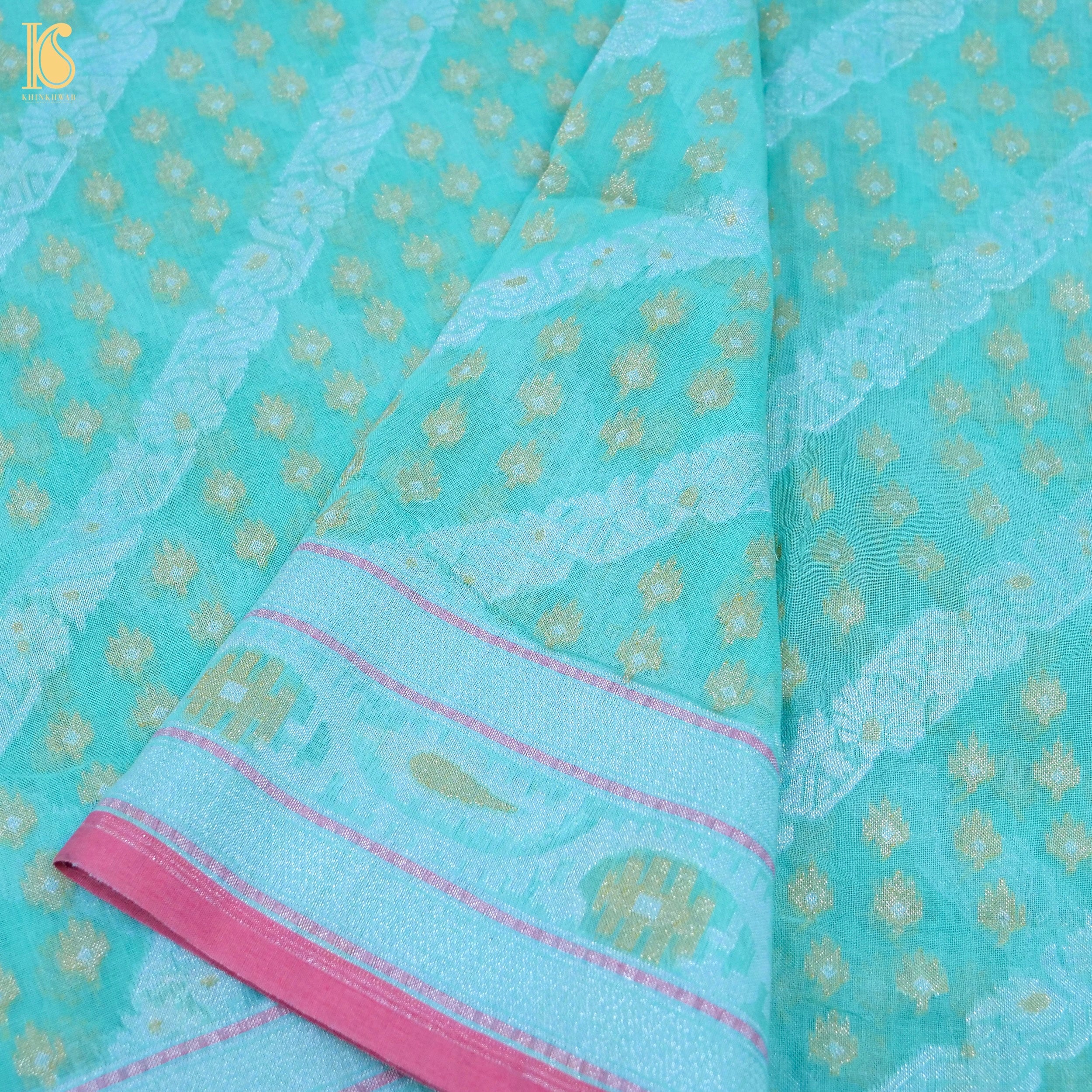 Fountain Blue Pure Cotton Handloom Banarasi Jamdani Ektara Saree - Khinkhwab
