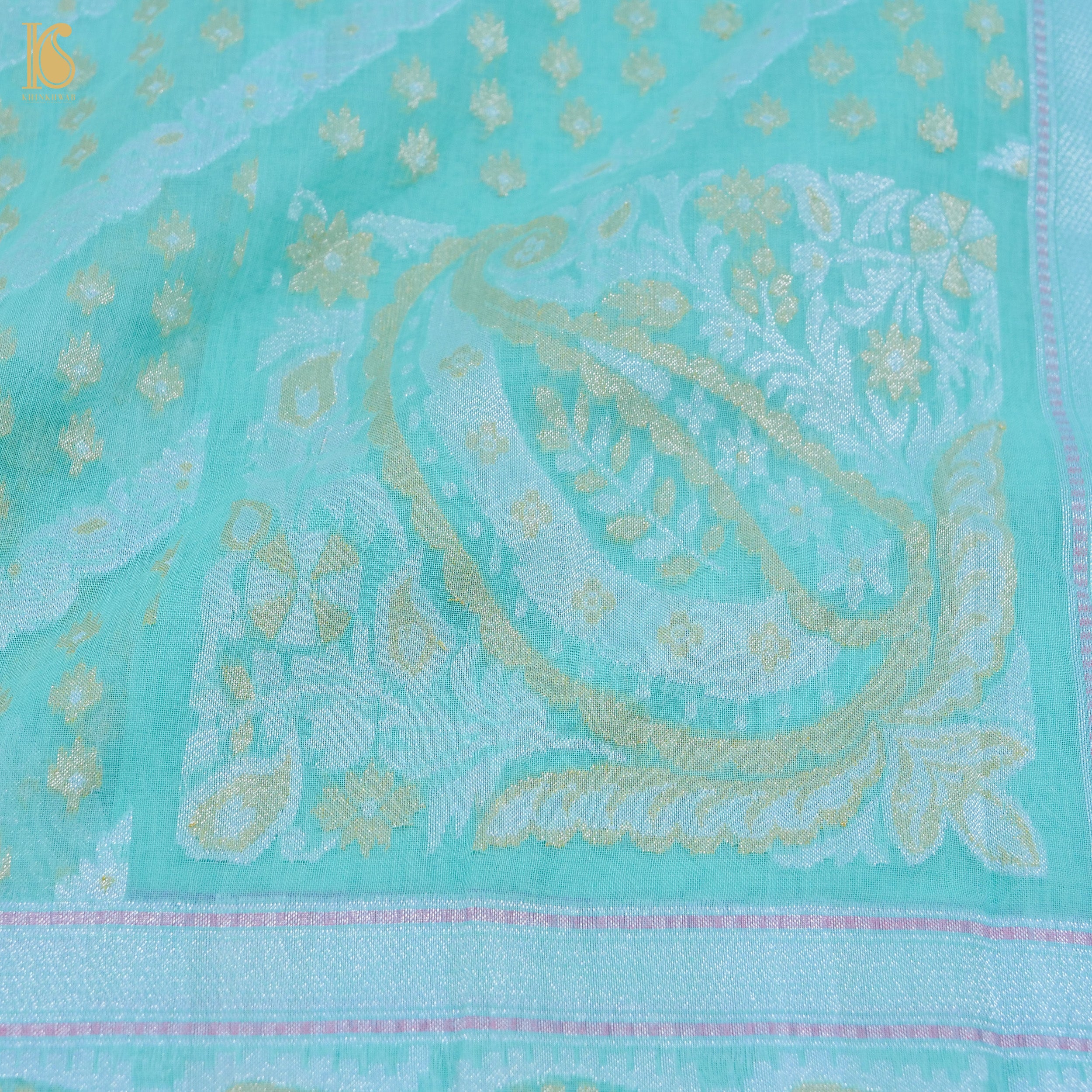 Fountain Blue Pure Cotton Handloom Banarasi Jamdani Ektara Saree - Khinkhwab
