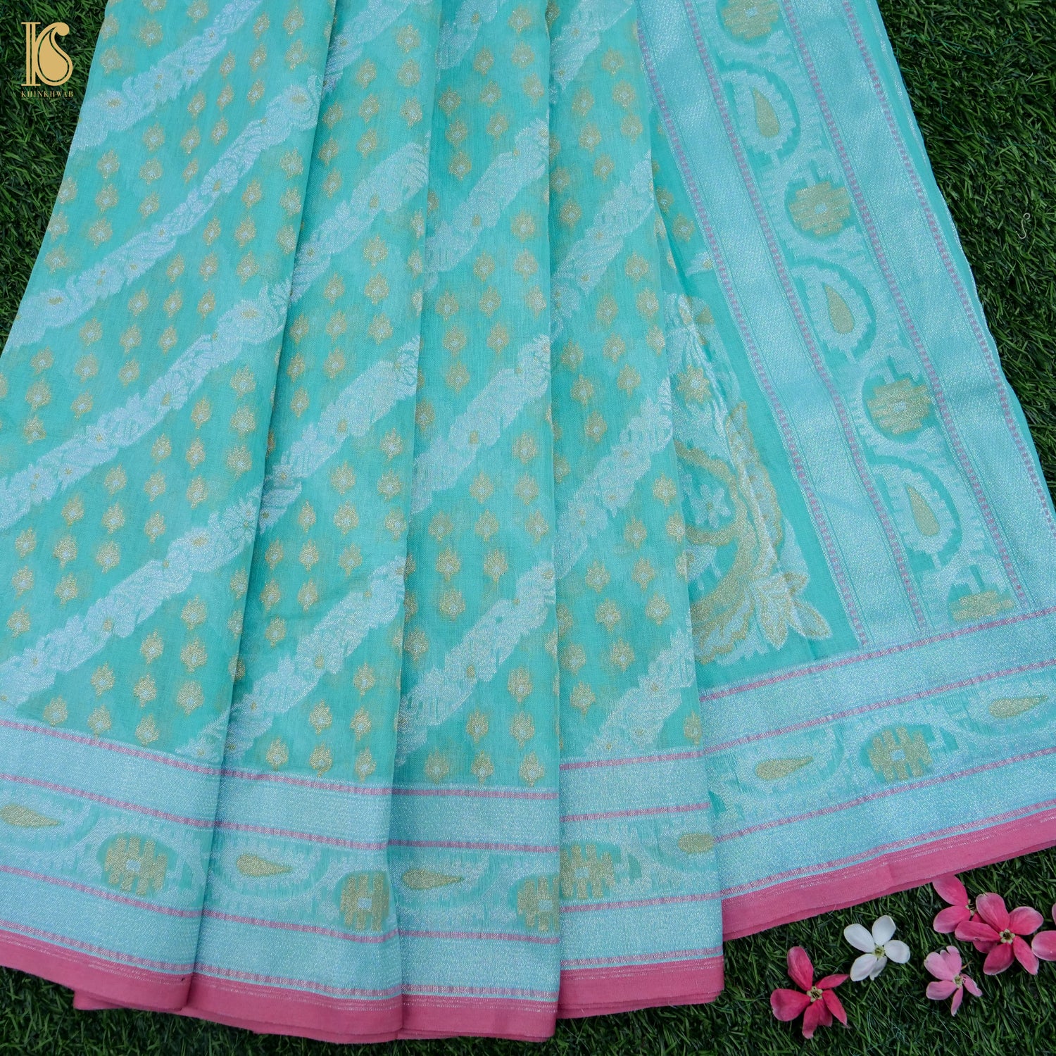 Fountain Blue Pure Cotton Handloom Banarasi Jamdani Ektara Saree - Khinkhwab