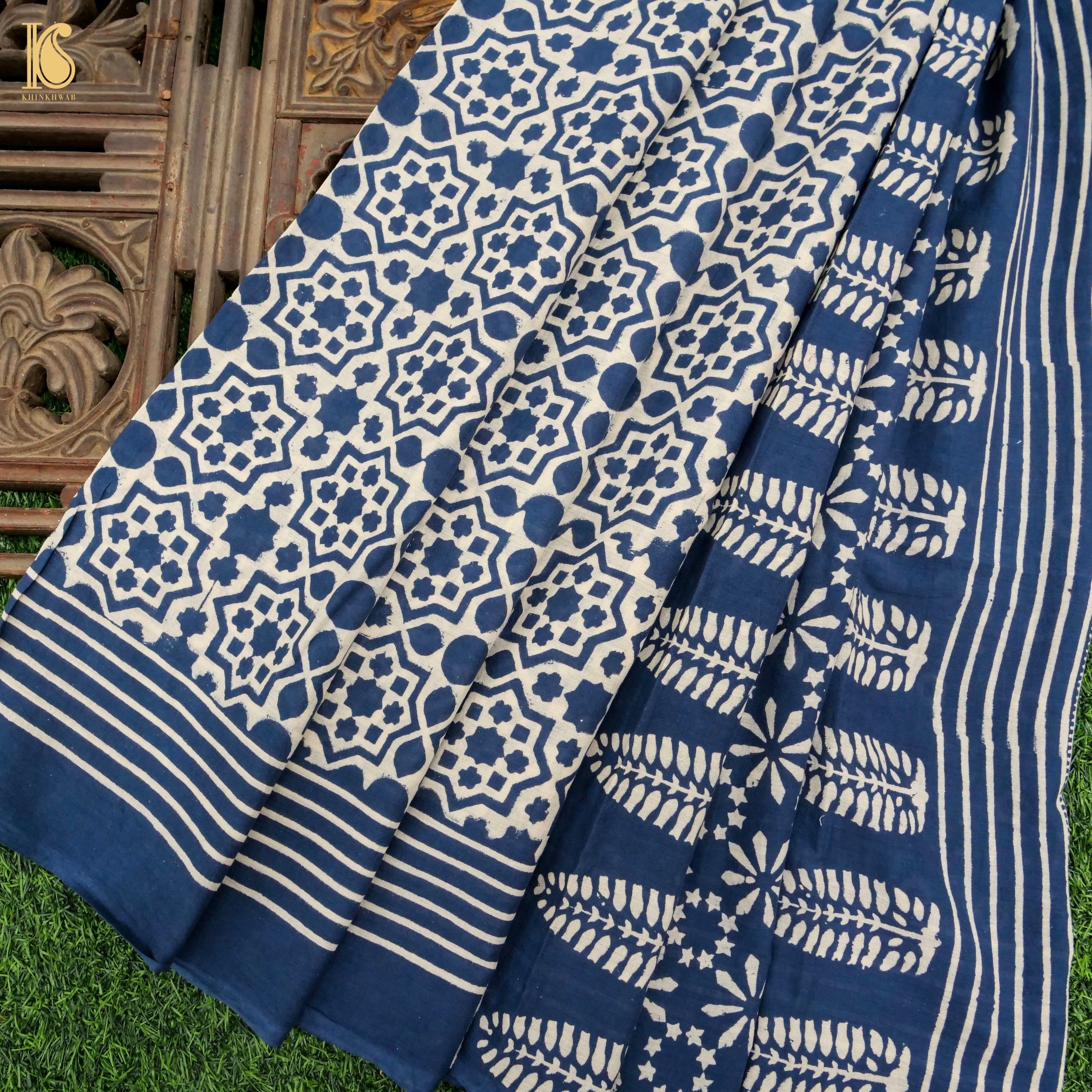 Gulf Blue Pure Mul Cotton Ajrakh Saree - Khinkhwab
