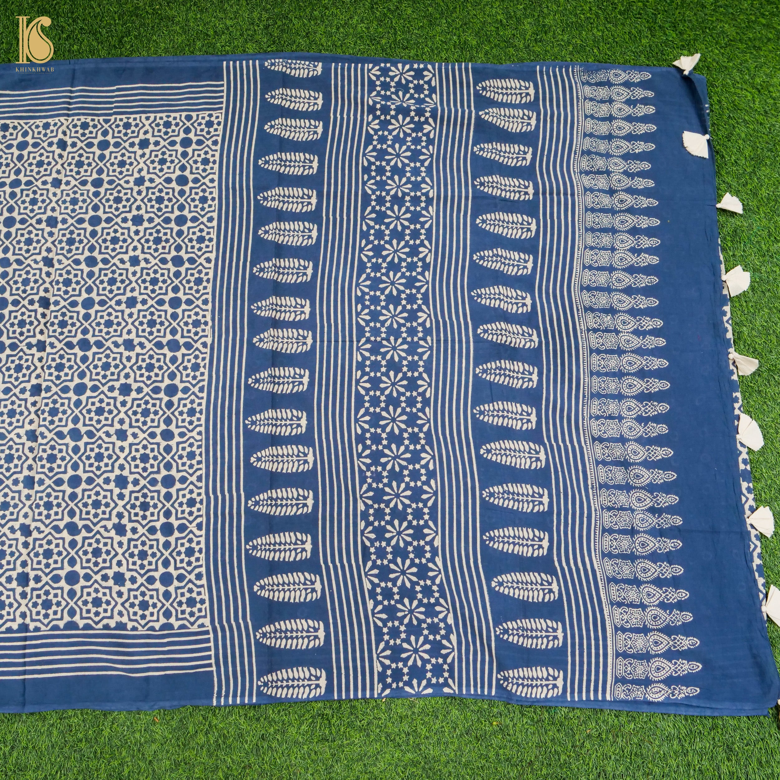 Gulf Blue Pure Mul Cotton Ajrakh Saree - Khinkhwab