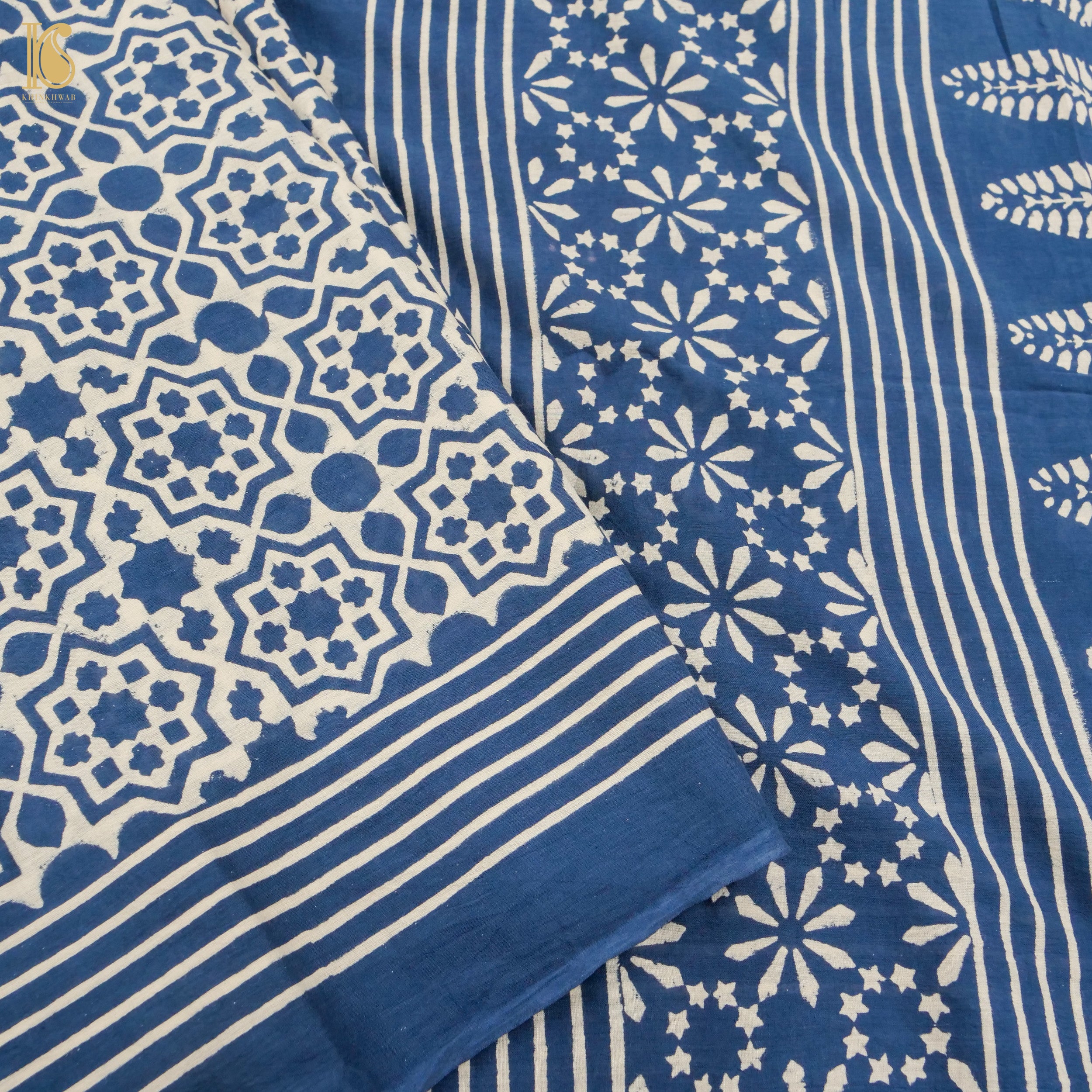 Gulf Blue Pure Mul Cotton Ajrakh Saree - Khinkhwab
