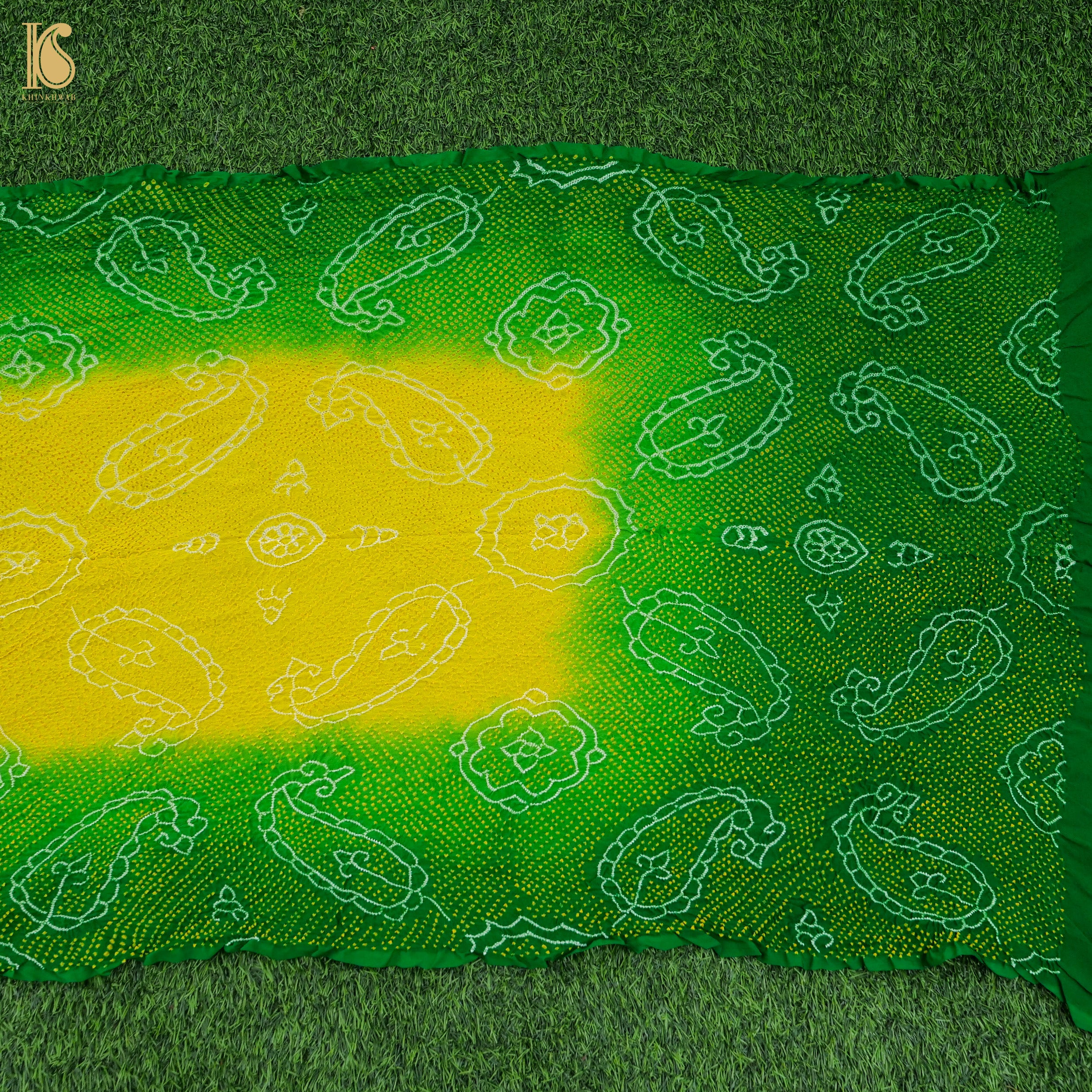 Green & Yellow Pure Georgette Handloom Bandhani Saree - Khinkhwab