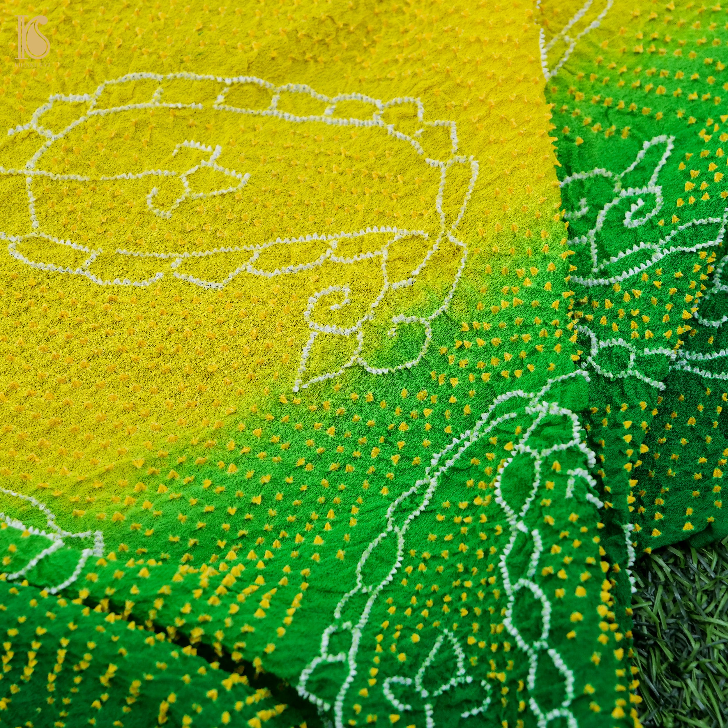 Green & Yellow Pure Georgette Handloom Bandhani Saree - Khinkhwab
