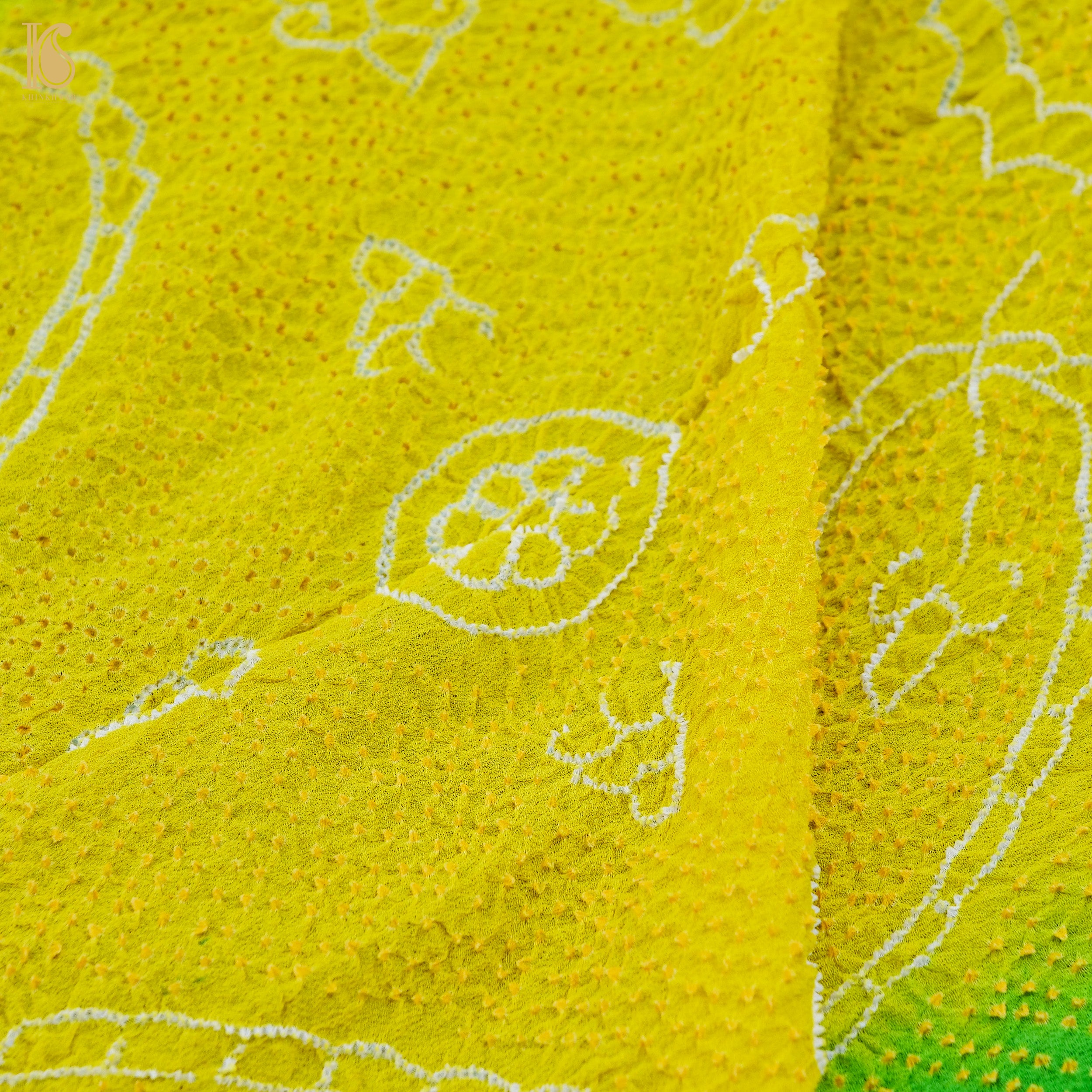 Green & Yellow Pure Georgette Handloom Bandhani Saree - Khinkhwab