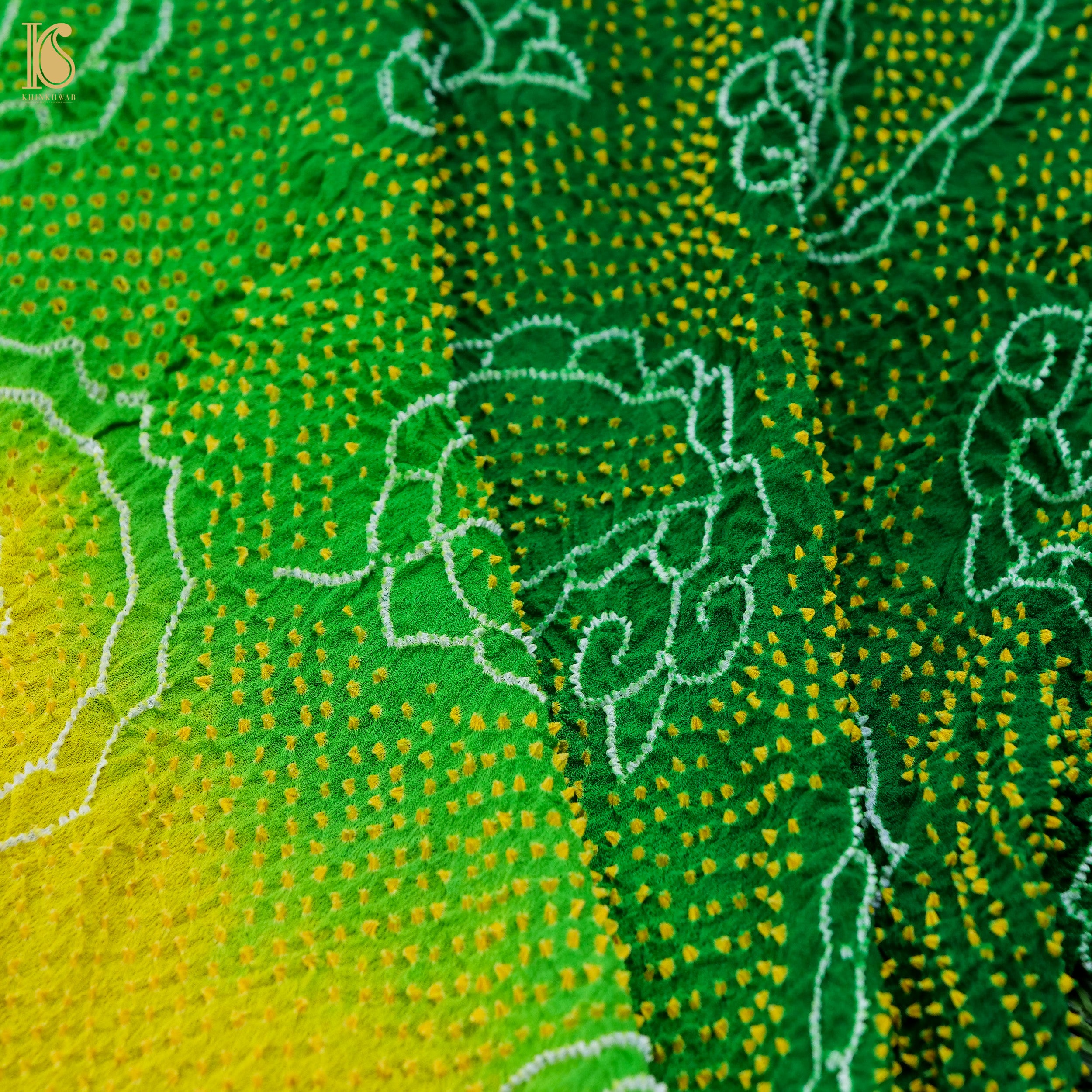 Green & Yellow Pure Georgette Handloom Bandhani Saree - Khinkhwab
