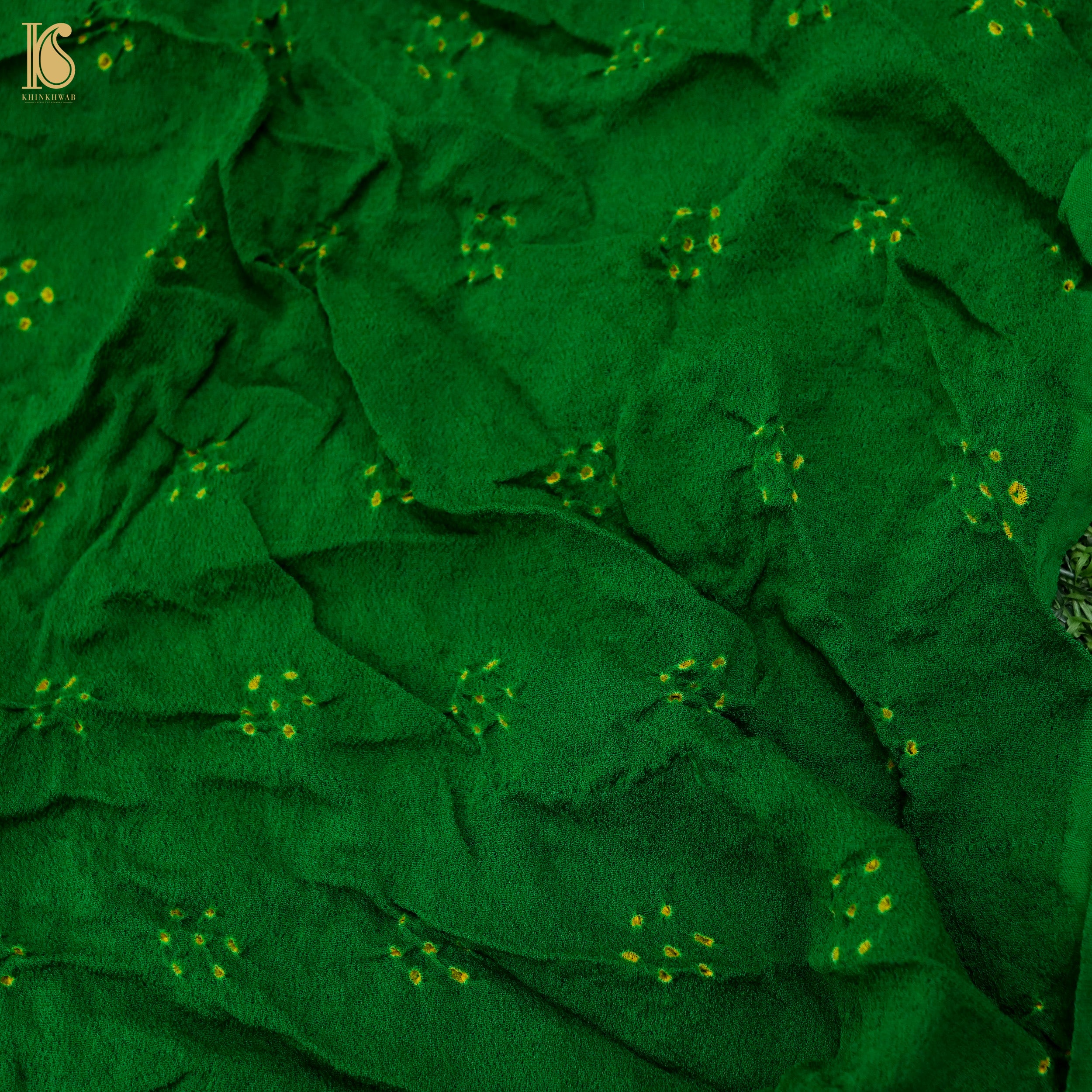 Green & Yellow Pure Georgette Handloom Bandhani Saree - Khinkhwab
