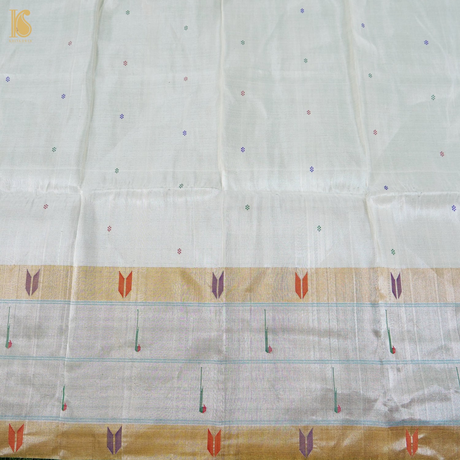 Silver Pure Silk Paithani Handwoven Muniya Border Blouse Piece - Khinkhwab