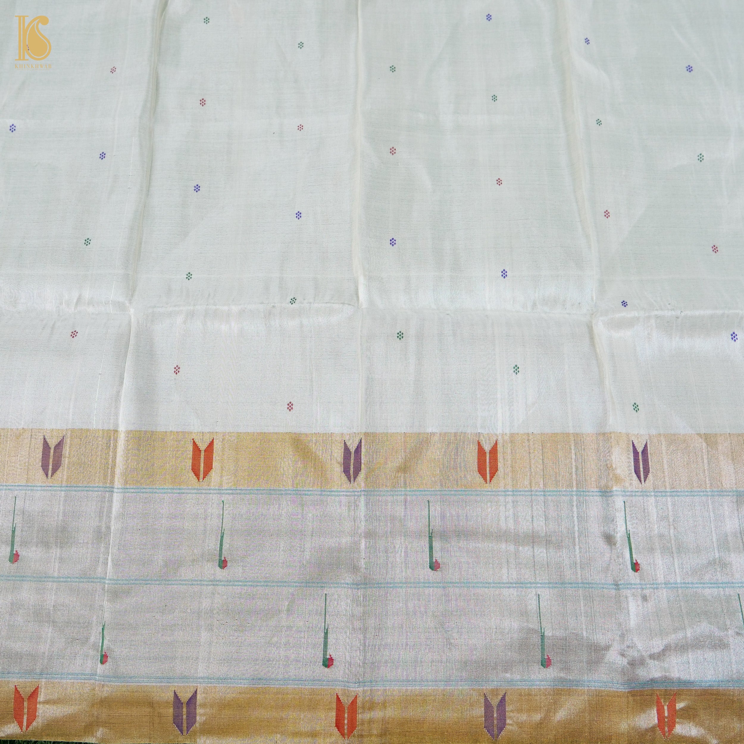 Silver Pure Silk Paithani Handwoven Muniya Border Blouse Piece - Khinkhwab