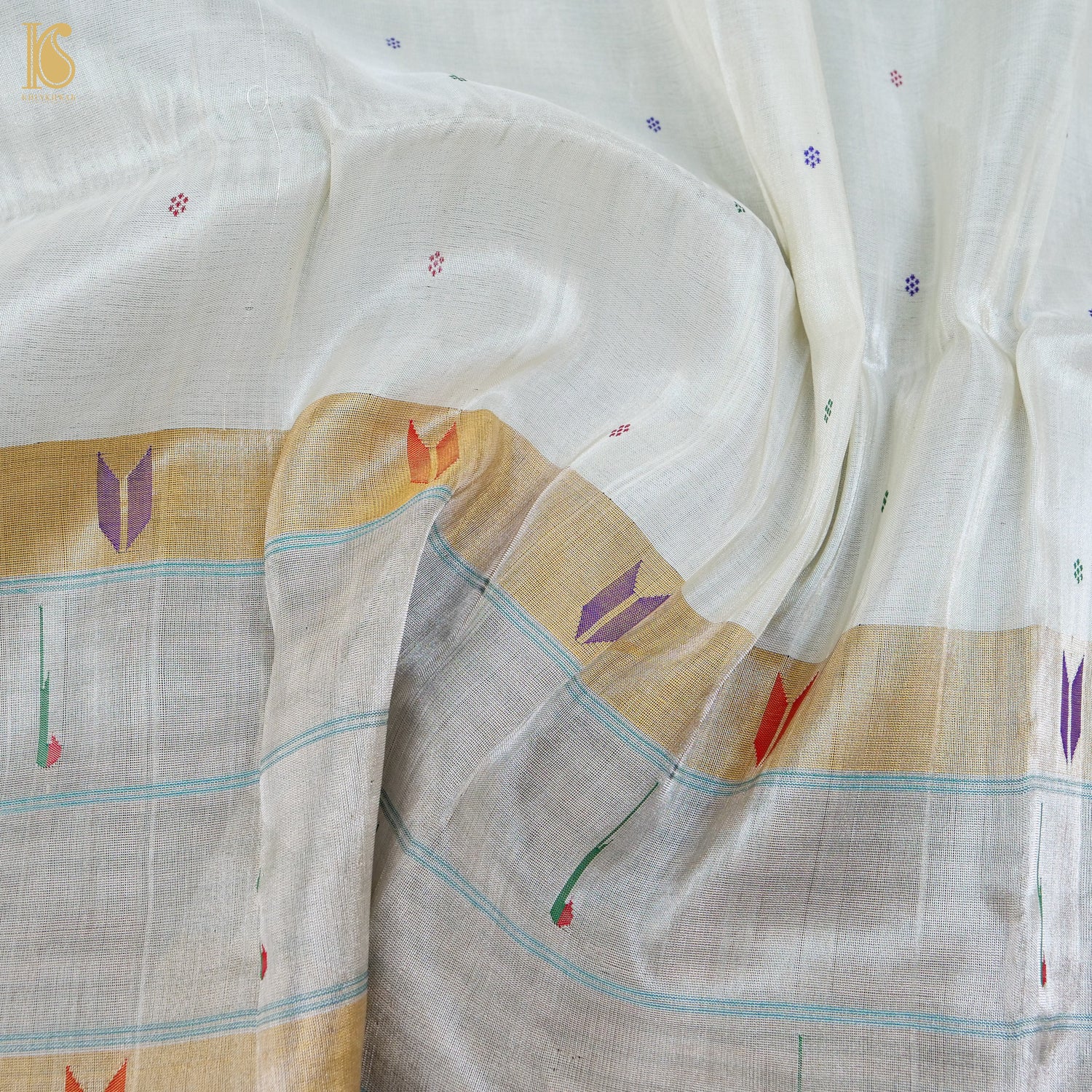 Silver Pure Silk Paithani Handwoven Muniya Border Blouse Piece - Khinkhwab