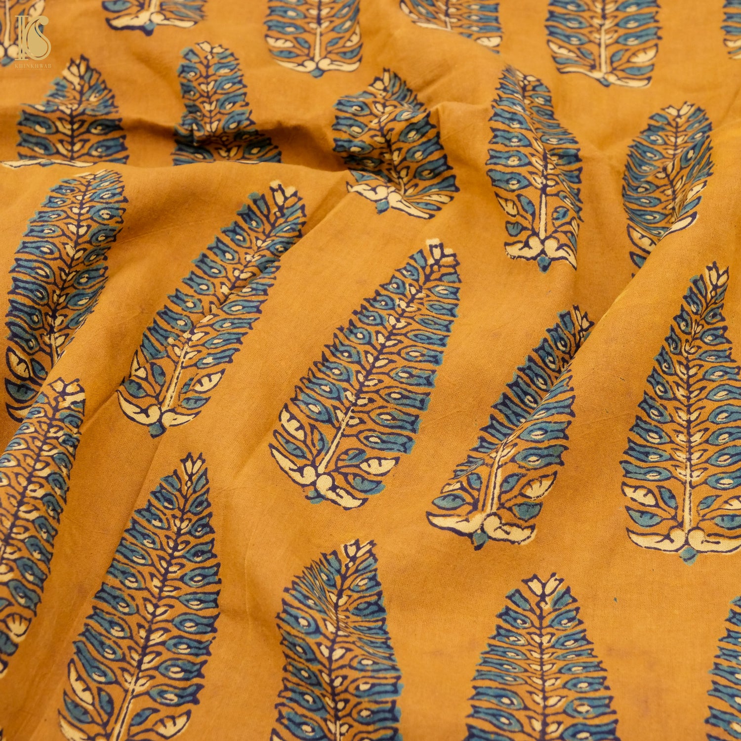 Yellow Hand Block Ajrakh Cotton Fabric - Khinkhwab