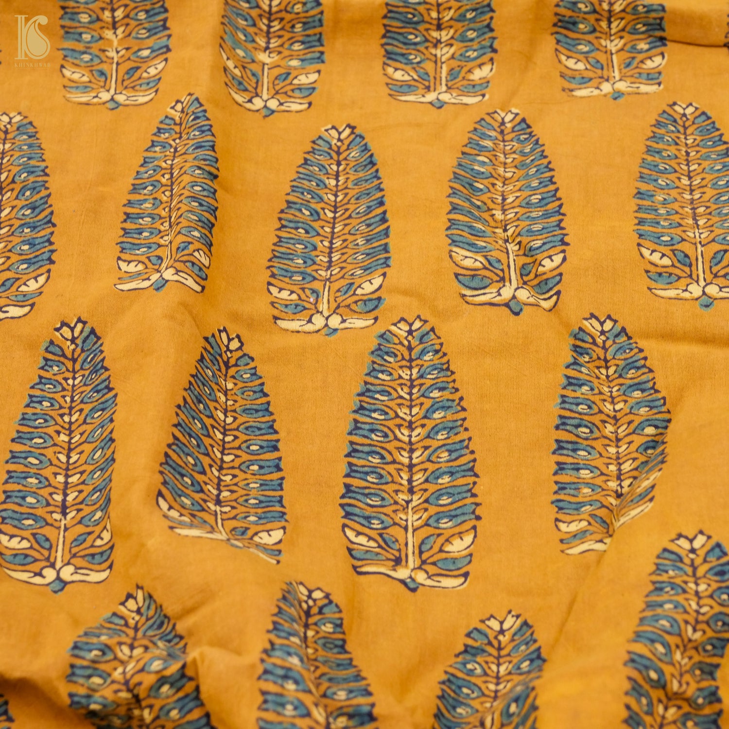 Yellow Hand Block Ajrakh Cotton Fabric - Khinkhwab