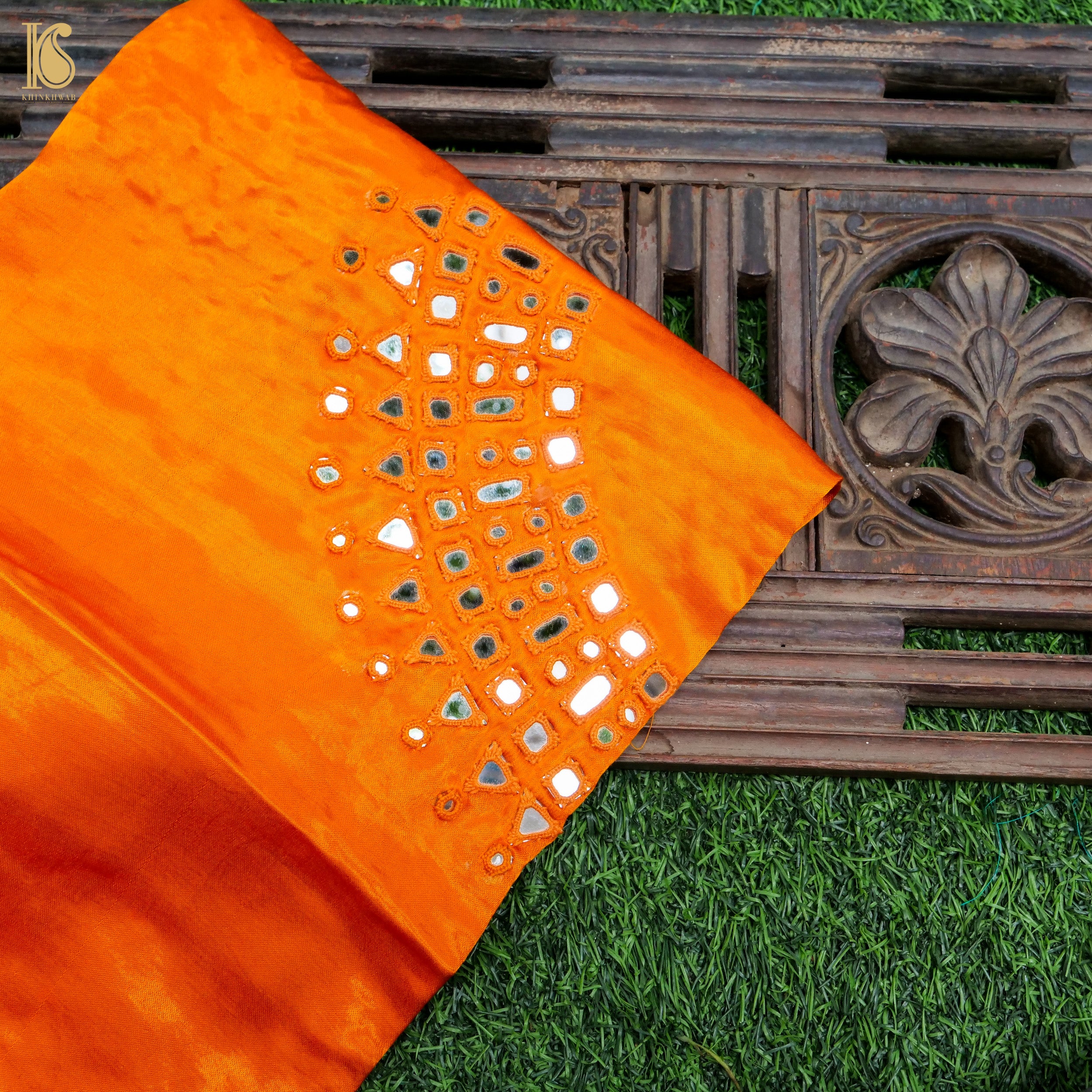 Orange Pure Mashru Silk Blouse Fabric with Mirror Work - Khinkhwab