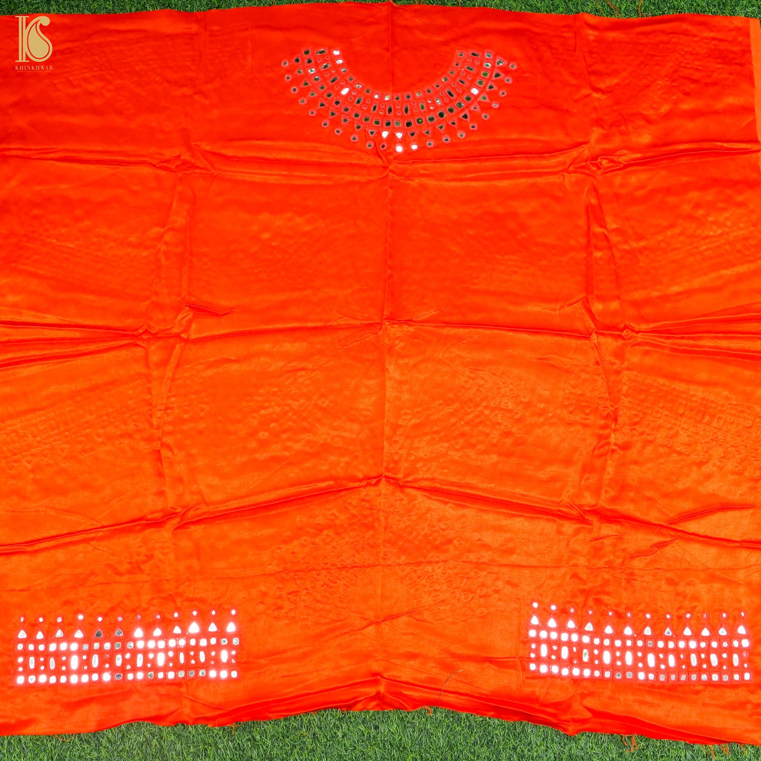 Red Pure Mashru Silk Blouse Fabric with Mirror Work - Khinkhwab