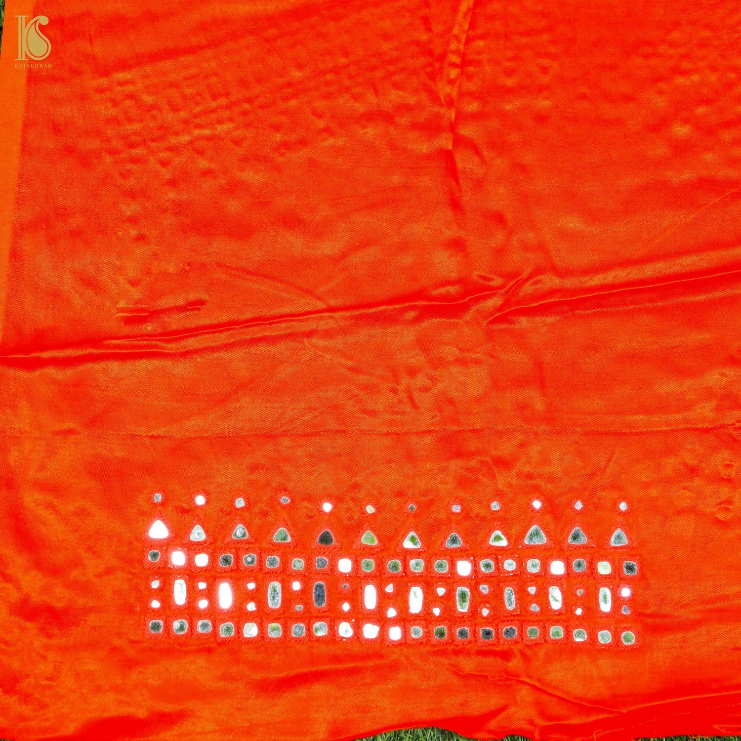 Red Pure Mashru Silk Blouse Fabric with Mirror Work - Khinkhwab