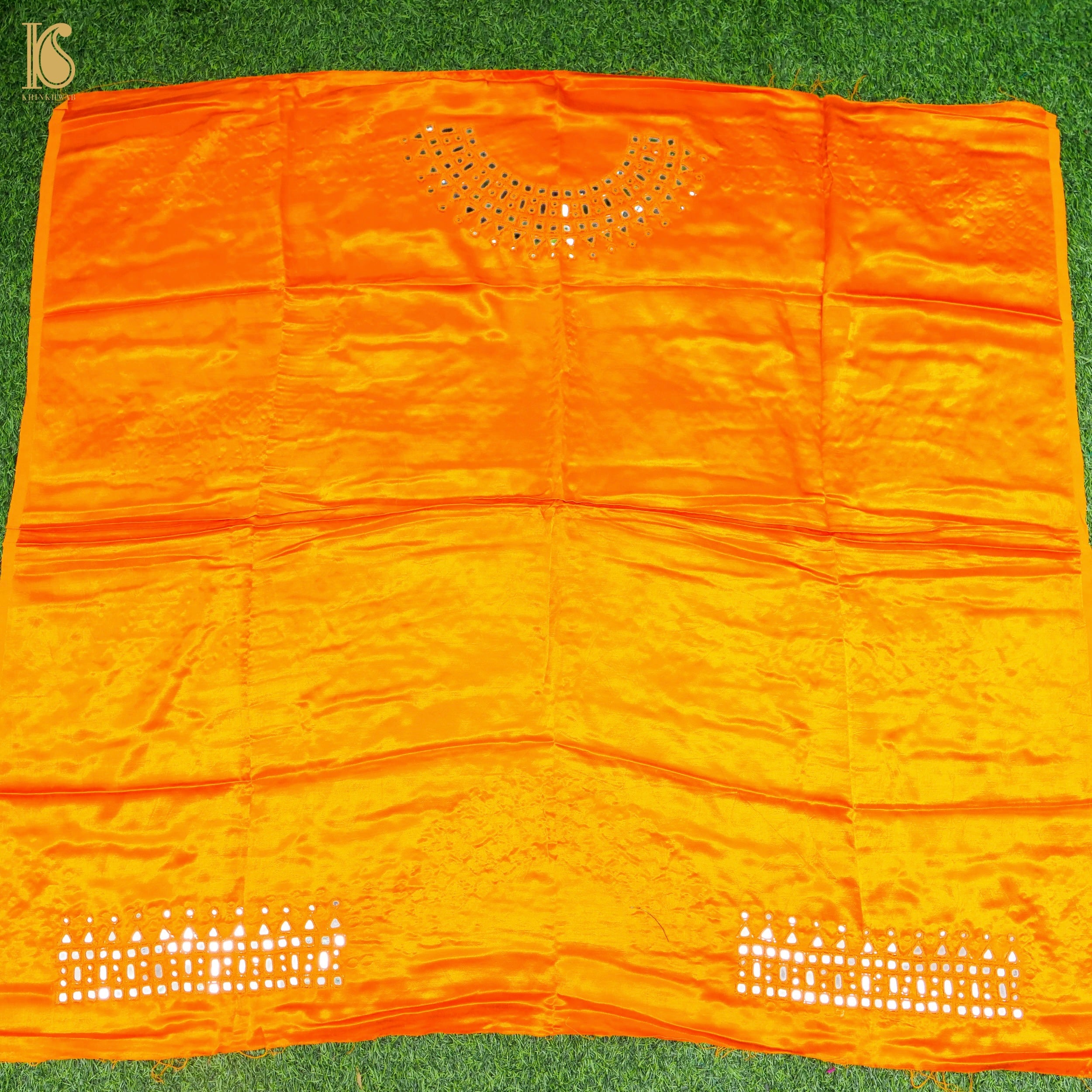Orange Pure Mashru Silk Blouse Fabric with Mirror Work - Khinkhwab