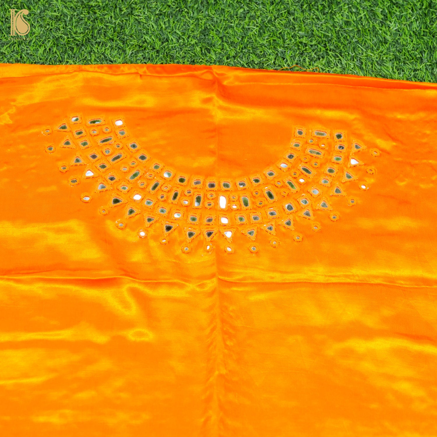 Orange Pure Mashru Silk Blouse Fabric with Mirror Work - Khinkhwab