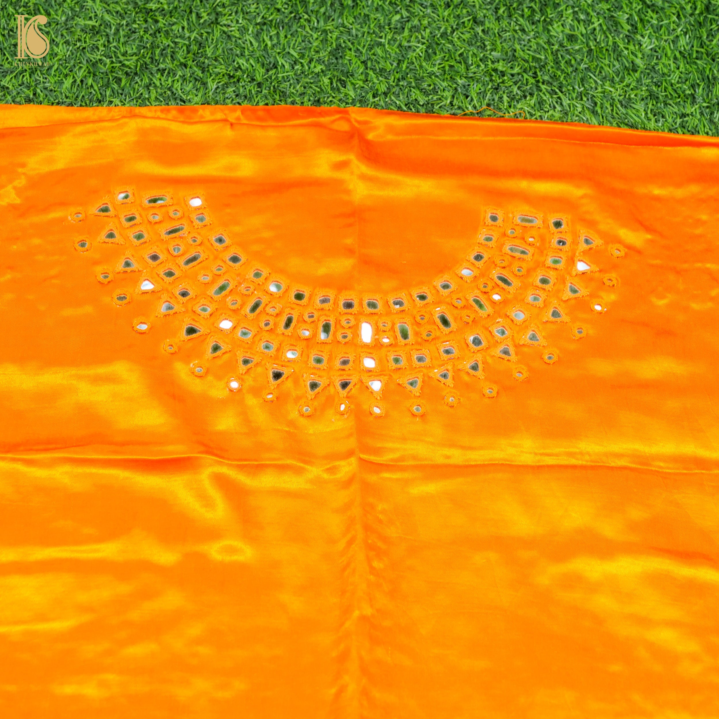 Orange Pure Mashru Silk Blouse Fabric with Mirror Work - Khinkhwab