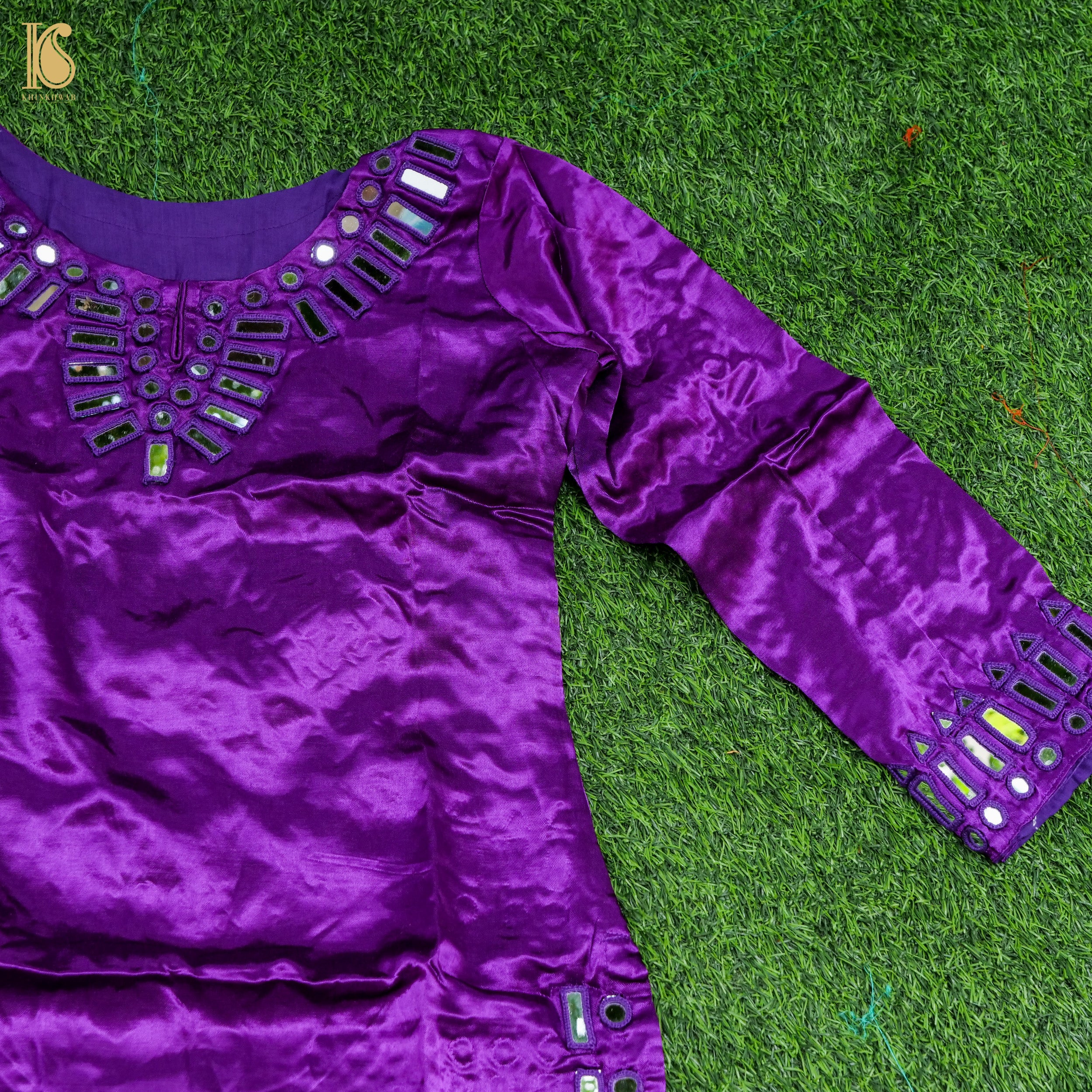 Purple Pure Mashru Silk Stitched Kurta with Mirror Work - Khinkhwab