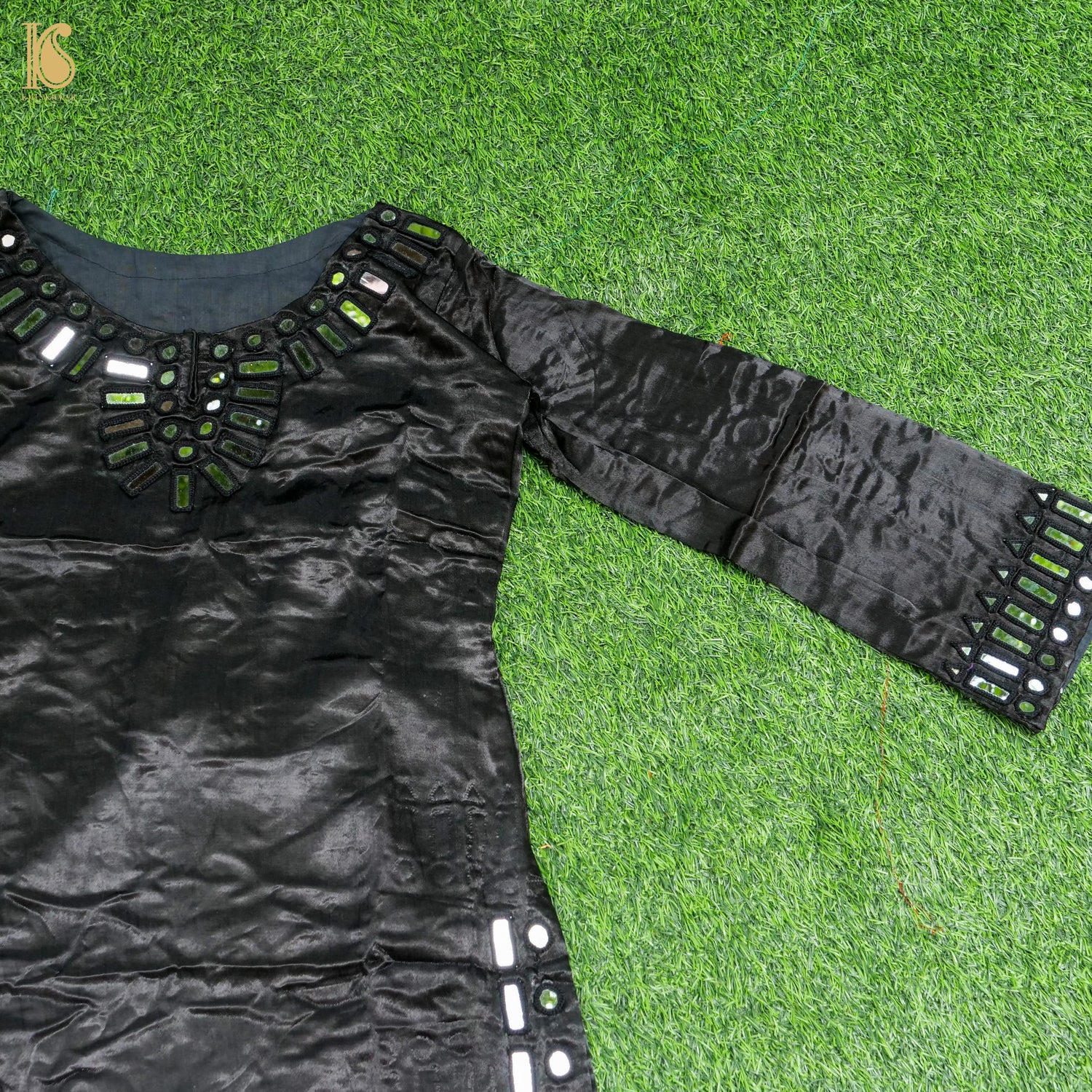 Black Pure Mashru Silk Stitched Kurta with Mirror Work - Khinkhwab