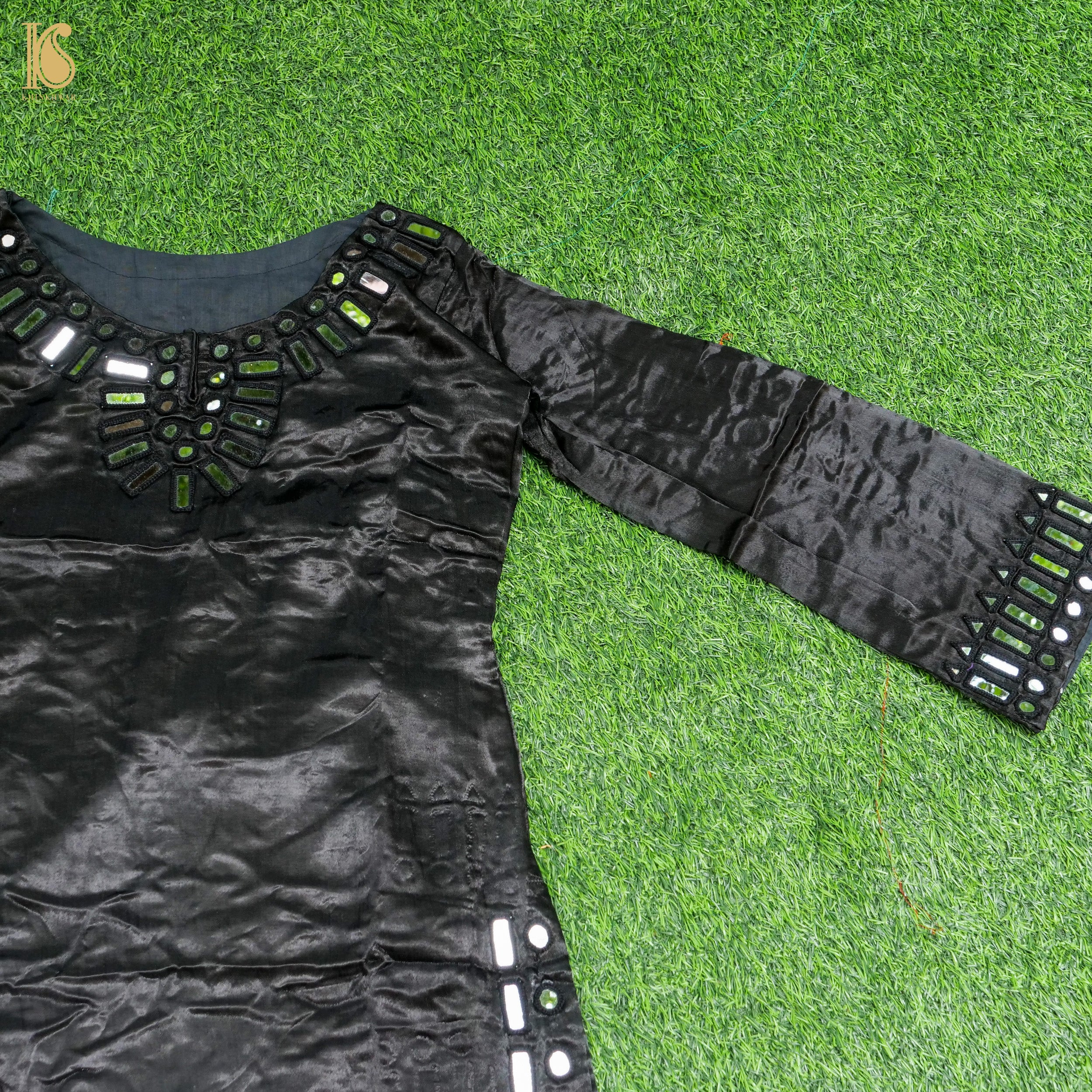 Black Pure Mashru Silk Stitched Kurta with Mirror Work - Khinkhwab